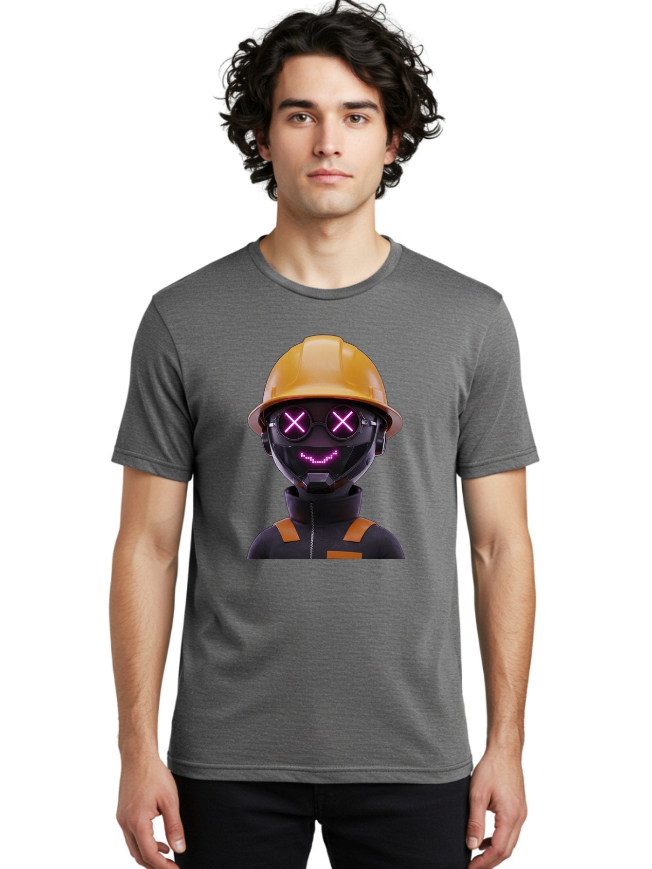 Robot-With-Construction-Hat Men'S Graphic Tee, 100% Cotton, Comfortable Casual Summer Wear, Machine Washable, Robot Character, Futuristic Design, Yellow Hard Hat, Neon Purple Eyes With X, Smiling Face, Black And Orange Jumpsuit, Bad498 27