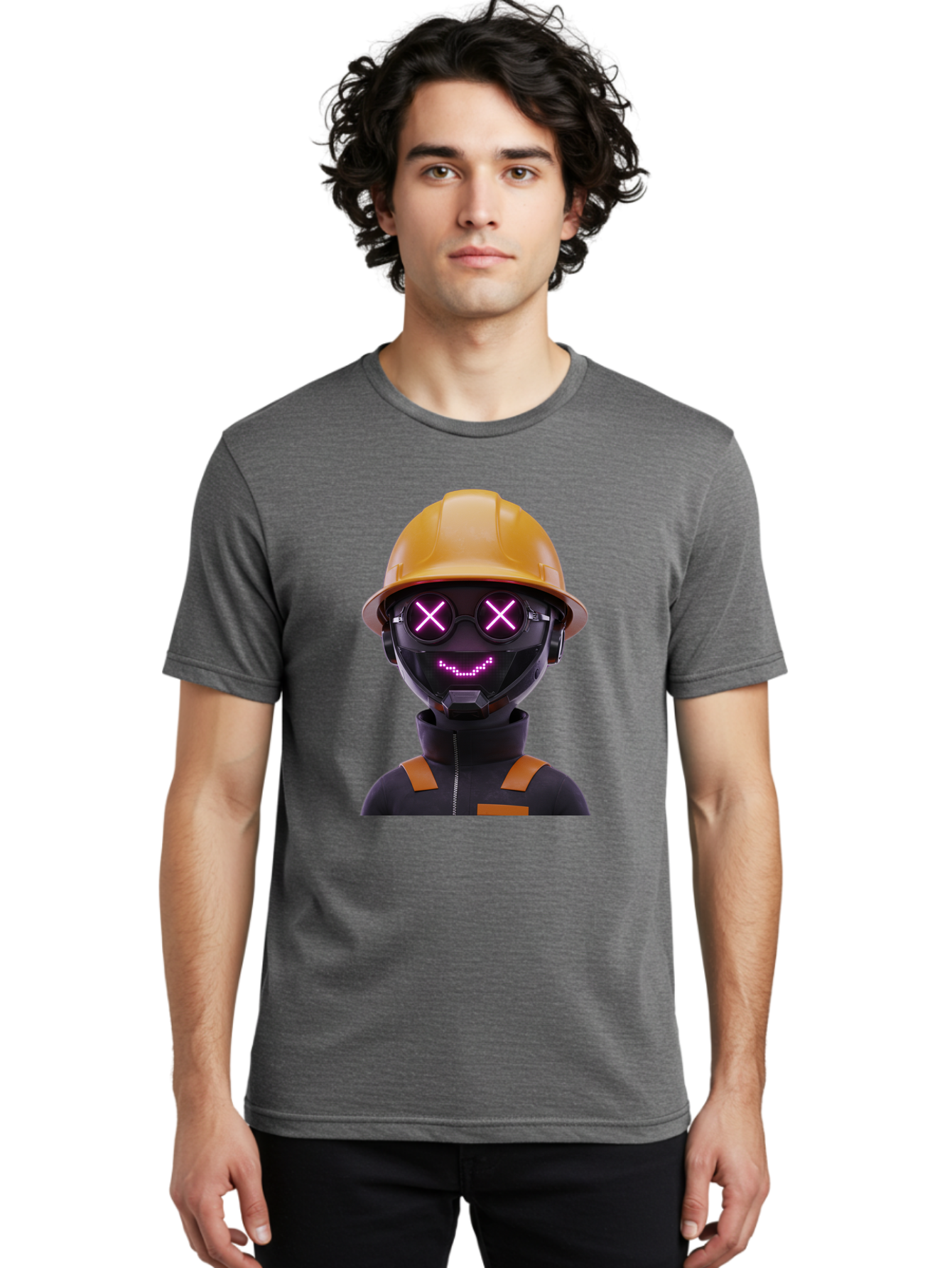 Robot-With-Construction-Hat Men'S Graphic Tee, 100% Cotton, Comfortable Casual Summer Wear, Machine Washable, Robot Character, Futuristic Design, Yellow Hard Hat, Neon Purple Eyes With X, Smiling Face, Black And Orange Jumpsuit, Bad498 19
