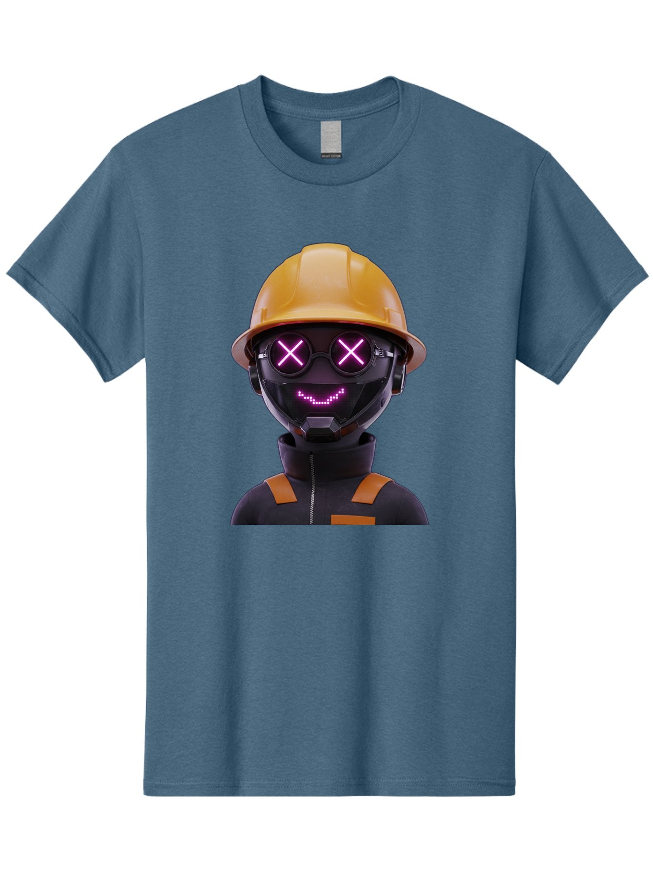 Robot-With-Construction-Hat Men'S Graphic Tee, 100% Cotton, Comfortable Casual Summer Wear, Machine Washable, Robot Character, Futuristic Design, Yellow Hard Hat, Neon Purple Eyes With X, Smiling Face, Black And Orange Jumpsuit, Bad498 7