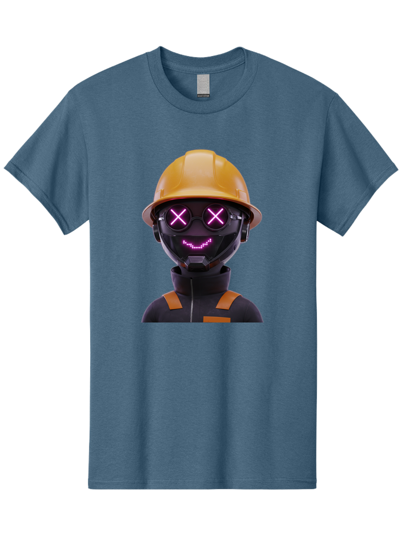 Robot-With-Construction-Hat Men'S Graphic Tee, 100% Cotton, Comfortable Casual Summer Wear, Machine Washable, Robot Character, Futuristic Design, Yellow Hard Hat, Neon Purple Eyes With X, Smiling Face, Black And Orange Jumpsuit, Bad498 13