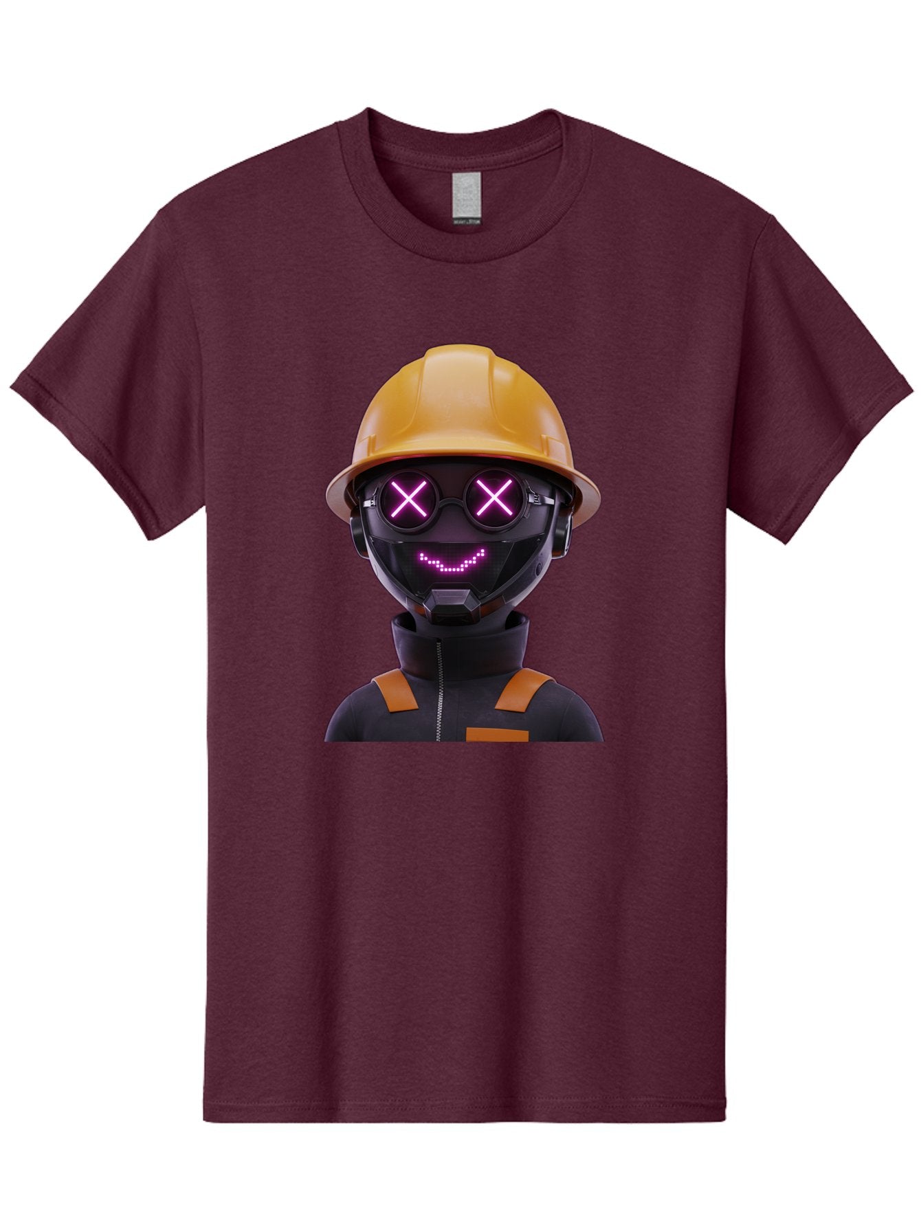 Robot-With-Construction-Hat Men'S Graphic Tee, 100% Cotton, Comfortable Casual Summer Wear, Machine Washable, Robot Character, Futuristic Design, Yellow Hard Hat, Neon Purple Eyes With X, Smiling Face, Black And Orange Jumpsuit, Bad498 3