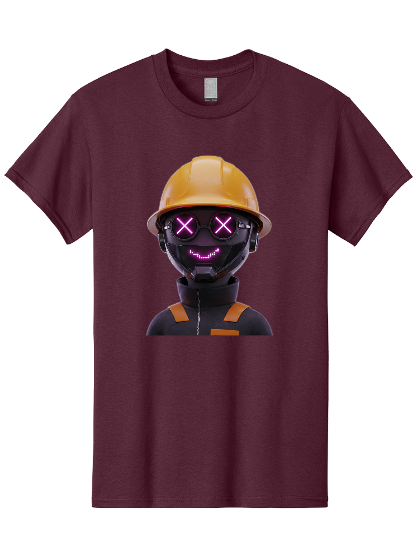 Robot-With-Construction-Hat Men'S Graphic Tee, 100% Cotton, Comfortable Casual Summer Wear, Machine Washable, Robot Character, Futuristic Design, Yellow Hard Hat, Neon Purple Eyes With X, Smiling Face, Black And Orange Jumpsuit, Bad498 9