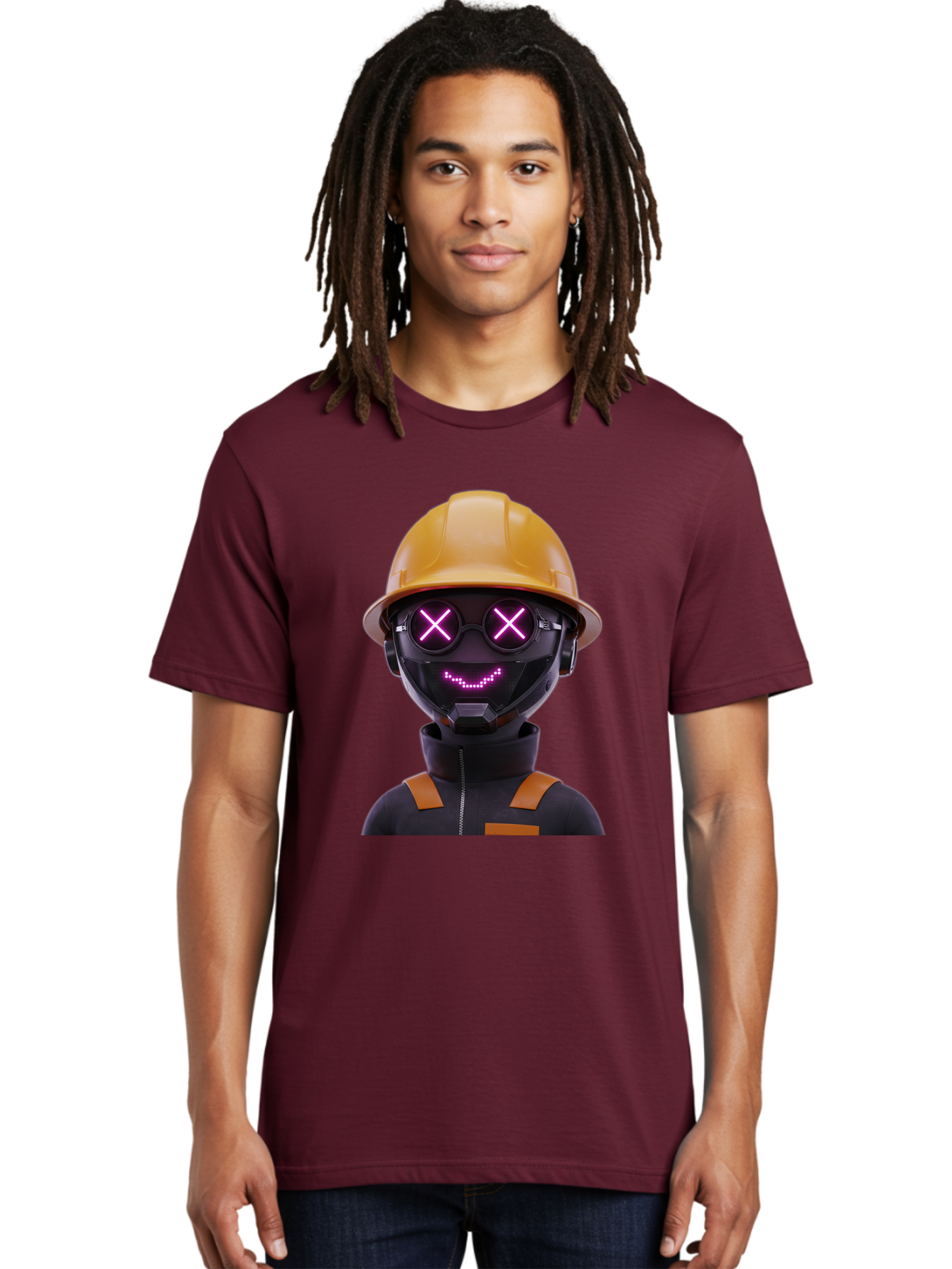 Robot-With-Construction-Hat Men'S Graphic Tee, 100% Cotton, Comfortable Casual Summer Wear, Machine Washable, Robot Character, Futuristic Design, Yellow Hard Hat, Neon Purple Eyes With X, Smiling Face, Black And Orange Jumpsuit, Bad498 24