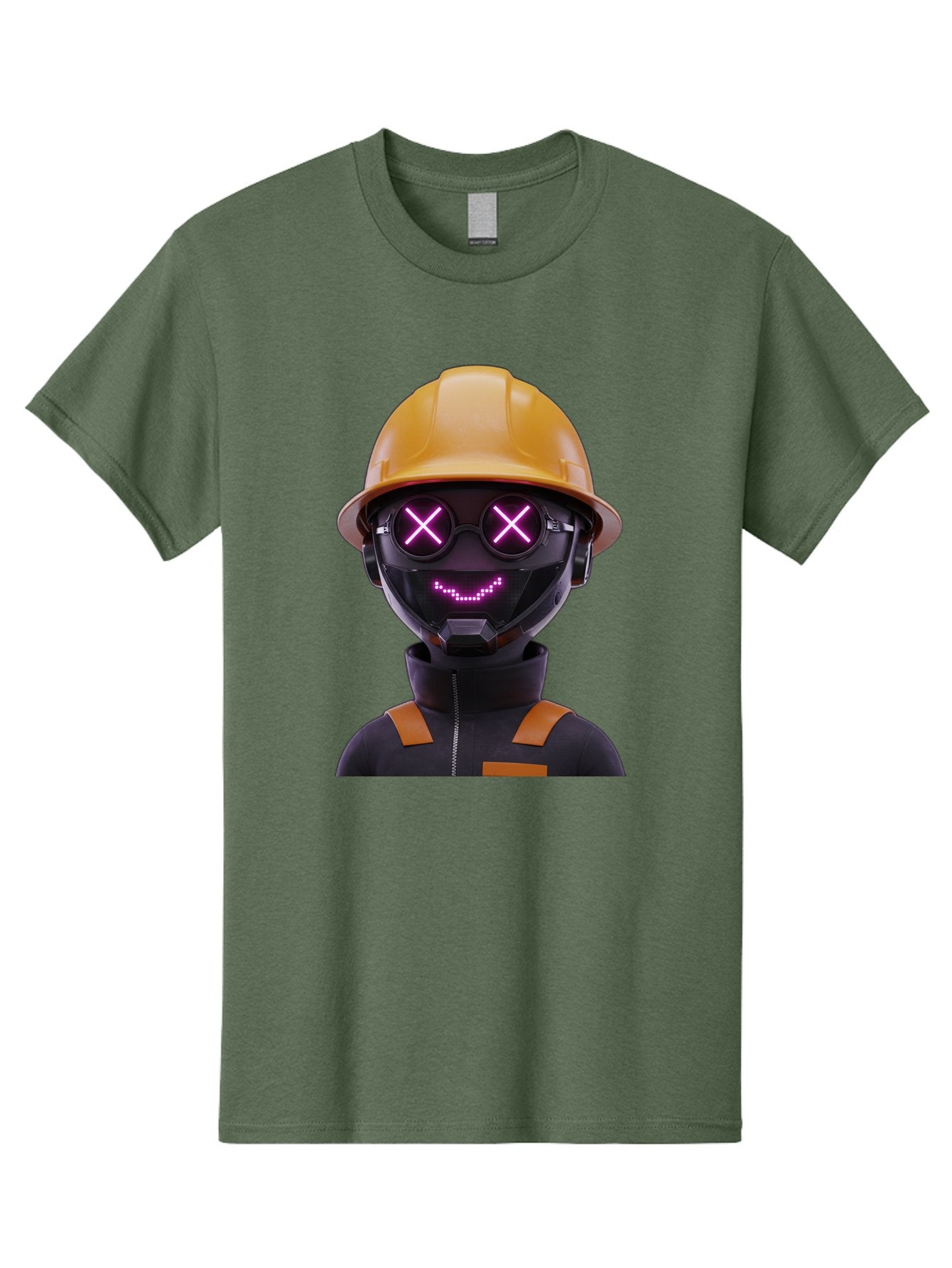Robot-With-Construction-Hat Men'S Graphic Tee, 100% Cotton, Comfortable Casual Summer Wear, Machine Washable, Robot Character, Futuristic Design, Yellow Hard Hat, Neon Purple Eyes With X, Smiling Face, Black And Orange Jumpsuit, Bad498 12