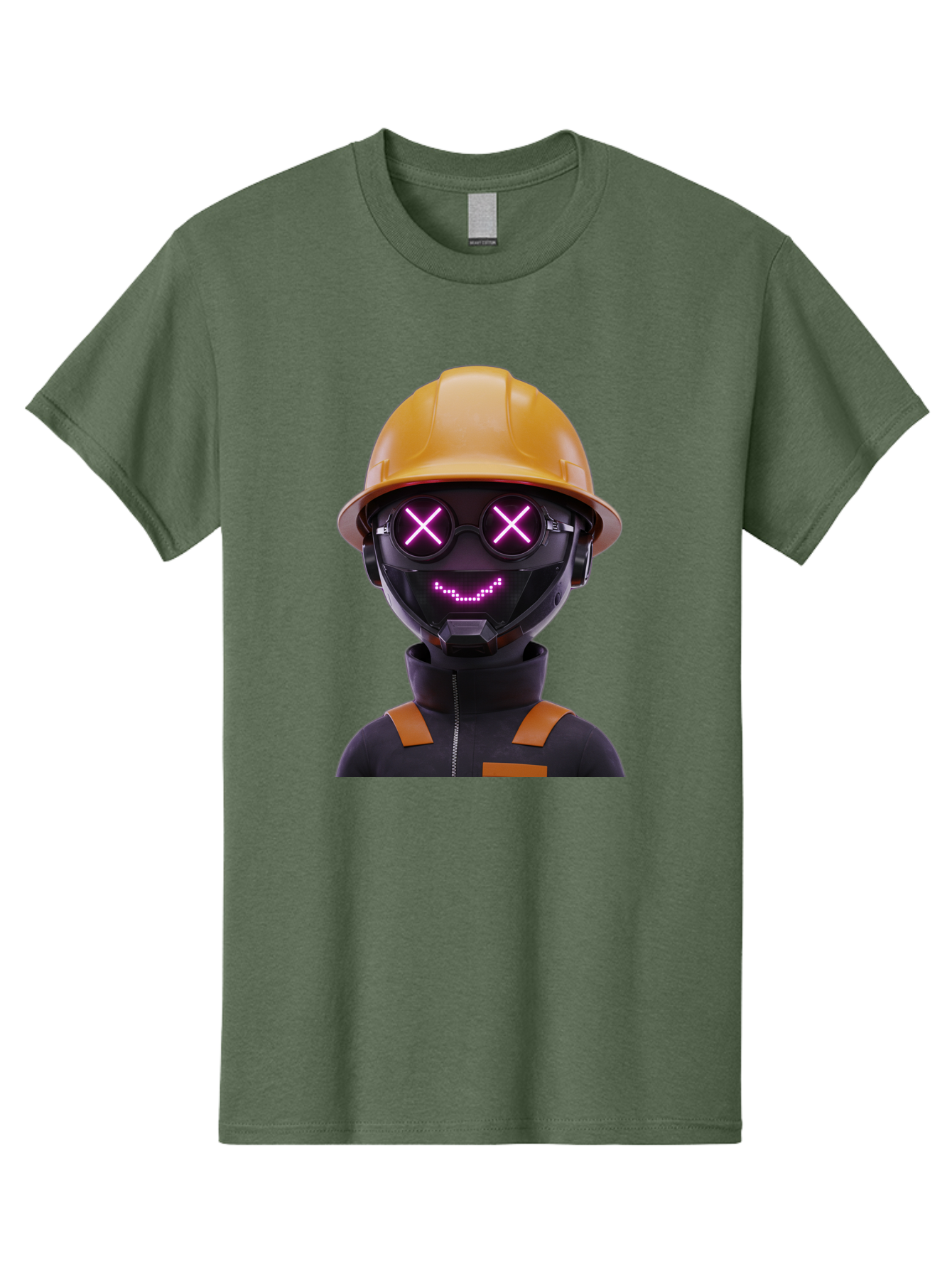 Robot-With-Construction-Hat Men'S Graphic Tee, 100% Cotton, Comfortable Casual Summer Wear, Machine Washable, Robot Character, Futuristic Design, Yellow Hard Hat, Neon Purple Eyes With X, Smiling Face, Black And Orange Jumpsuit, Bad498 3