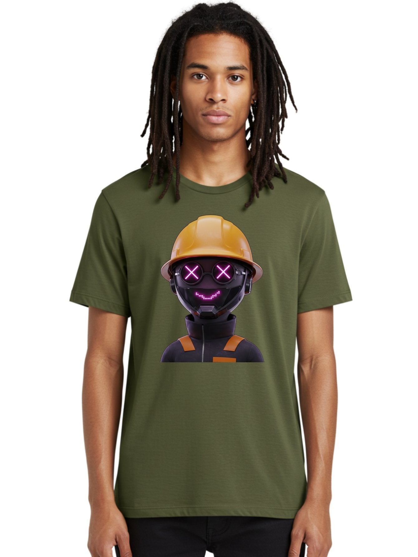 Robot-With-Construction-Hat Men'S Graphic Tee, 100% Cotton, Comfortable Casual Summer Wear, Machine Washable, Robot Character, Futuristic Design, Yellow Hard Hat, Neon Purple Eyes With X, Smiling Face, Black And Orange Jumpsuit, Bad498 28