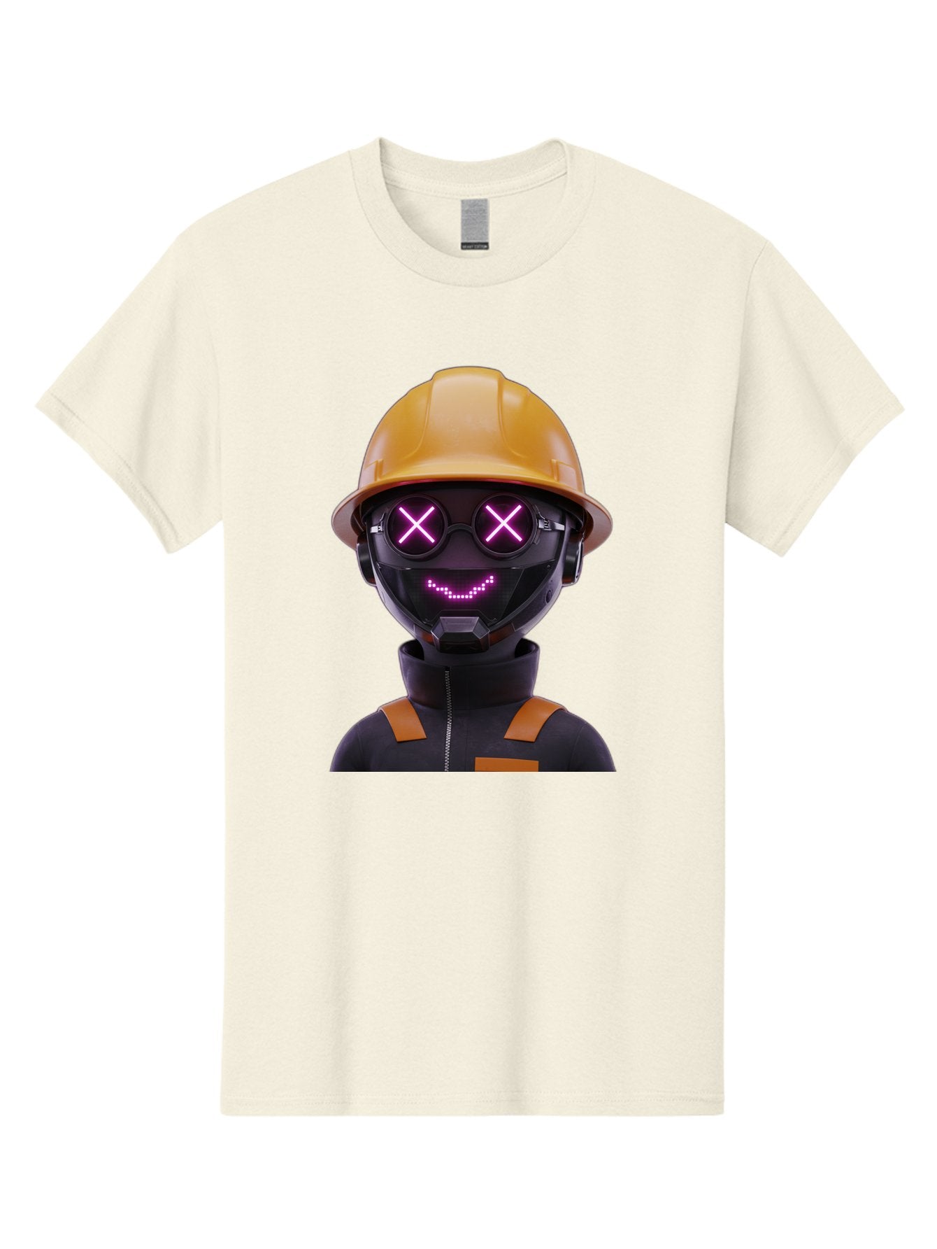 Robot-With-Construction-Hat Men'S Graphic Tee, 100% Cotton, Comfortable Casual Summer Wear, Machine Washable, Robot Character, Futuristic Design, Yellow Hard Hat, Neon Purple Eyes With X, Smiling Face, Black And Orange Jumpsuit, Bad498 14