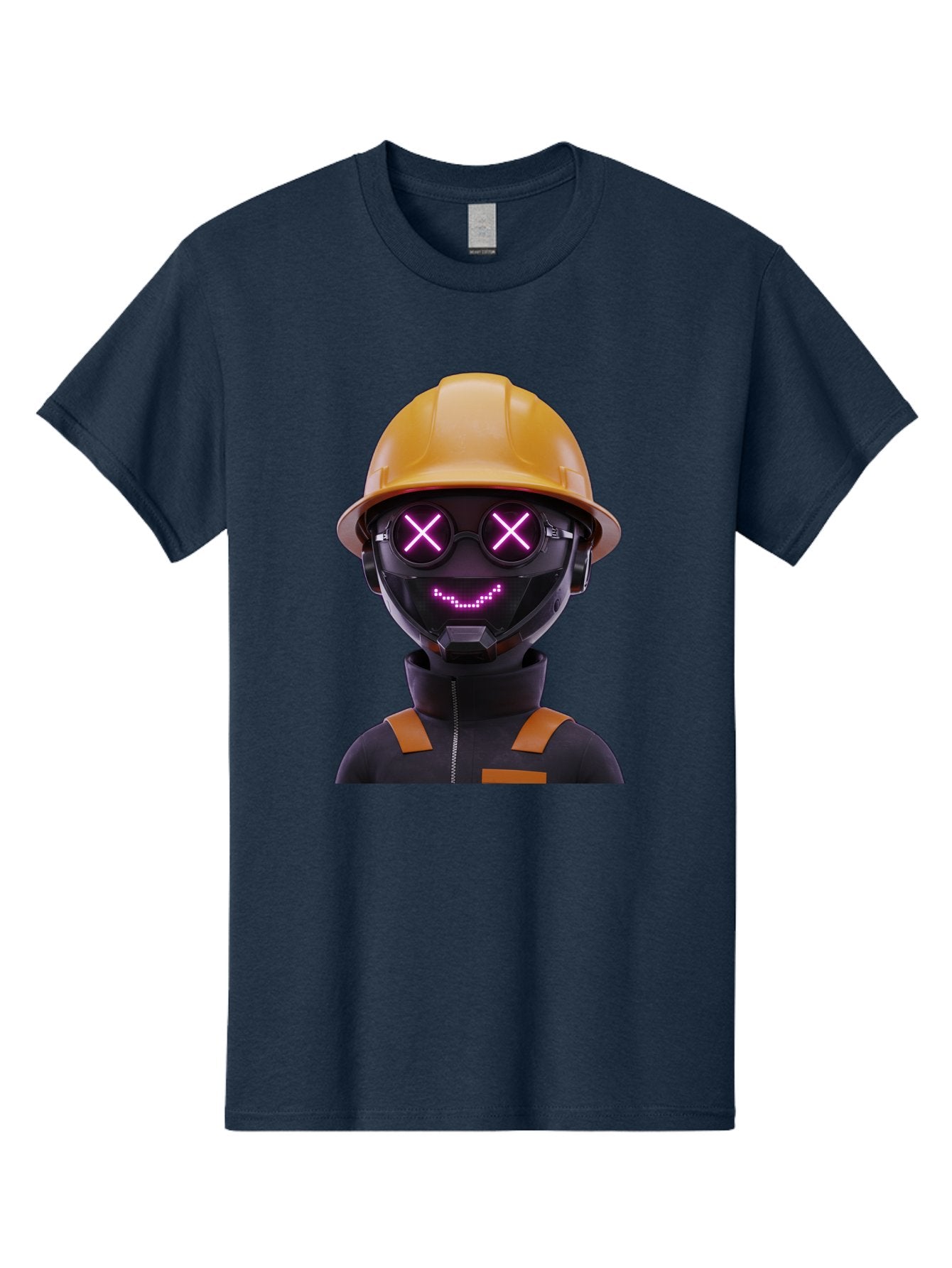 Robot-With-Construction-Hat Men'S Graphic Tee, 100% Cotton, Comfortable Casual Summer Wear, Machine Washable, Robot Character, Futuristic Design, Yellow Hard Hat, Neon Purple Eyes With X, Smiling Face, Black And Orange Jumpsuit, Bad498 6