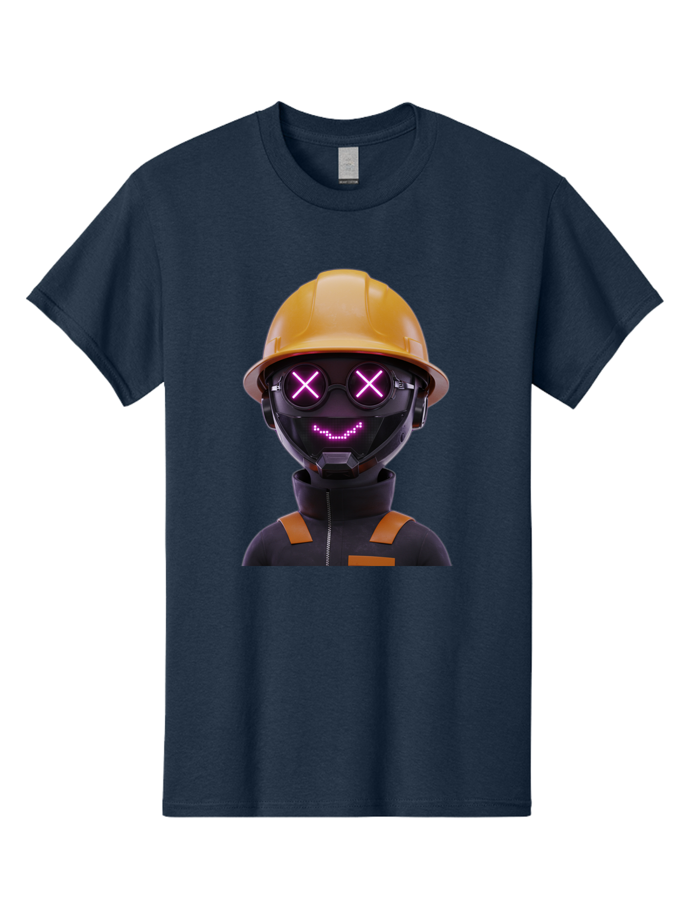 Robot-With-Construction-Hat Men'S Graphic Tee, 100% Cotton, Comfortable Casual Summer Wear, Machine Washable, Robot Character, Futuristic Design, Yellow Hard Hat, Neon Purple Eyes With X, Smiling Face, Black And Orange Jumpsuit, Bad498 7