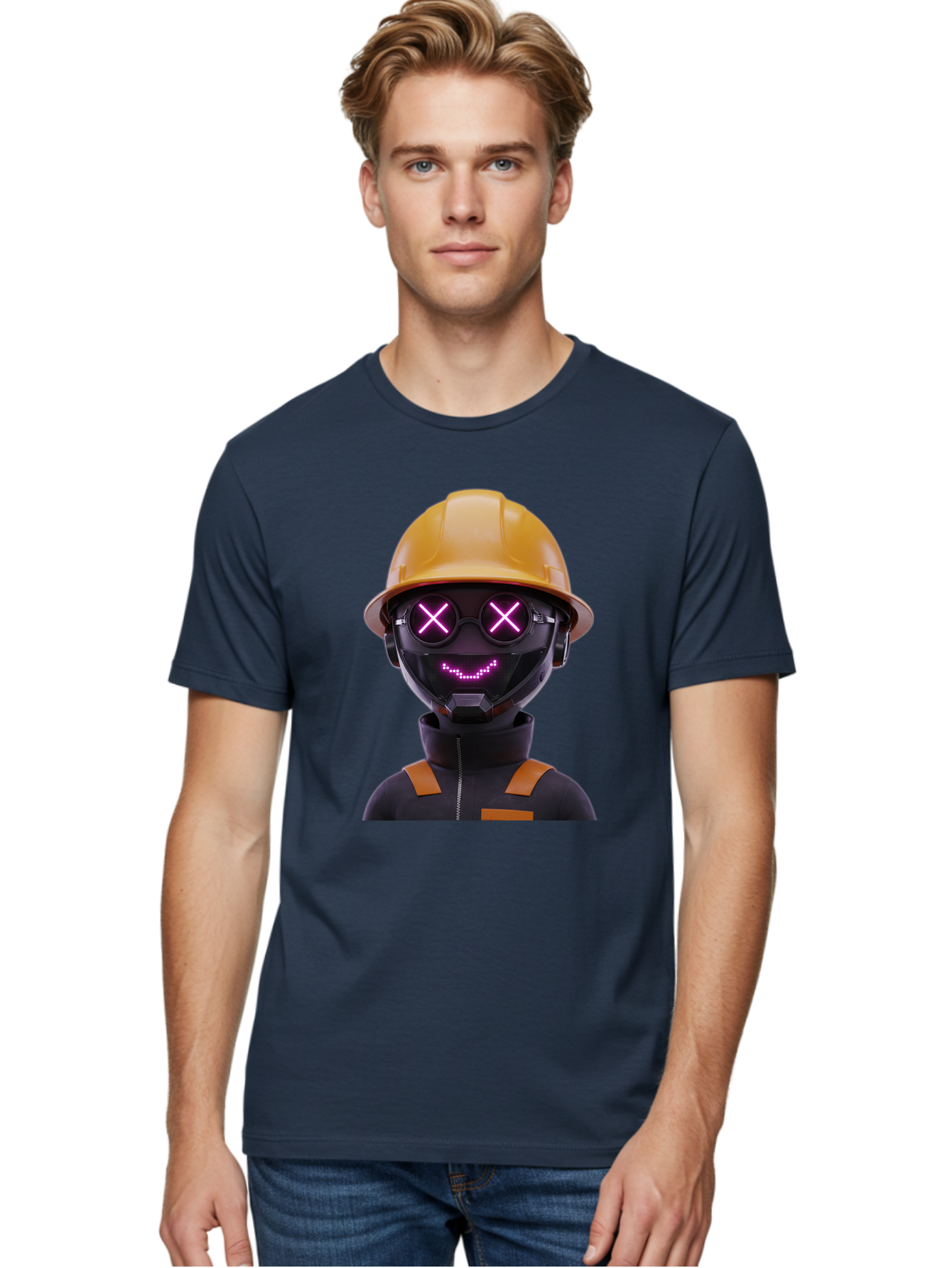Robot-With-Construction-Hat Men'S Graphic Tee, 100% Cotton, Comfortable Casual Summer Wear, Machine Washable, Robot Character, Futuristic Design, Yellow Hard Hat, Neon Purple Eyes With X, Smiling Face, Black And Orange Jumpsuit, Bad498 22