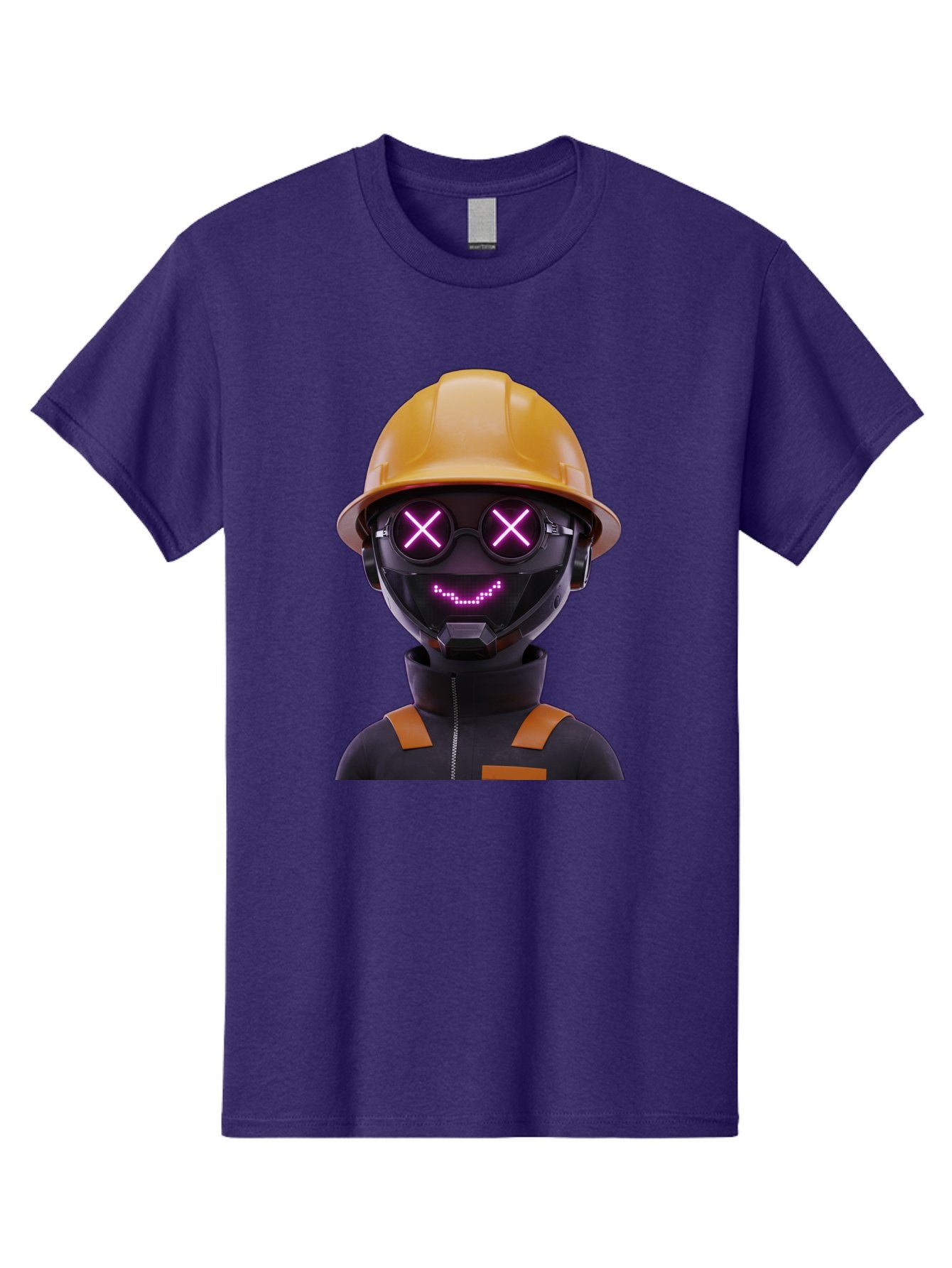 Robot-With-Construction-Hat Men'S Graphic Tee, 100% Cotton, Comfortable Casual Summer Wear, Machine Washable, Robot Character, Futuristic Design, Yellow Hard Hat, Neon Purple Eyes With X, Smiling Face, Black And Orange Jumpsuit, Bad498 4