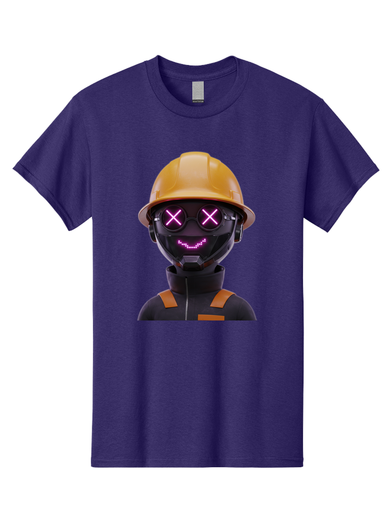 Robot-With-Construction-Hat Men'S Graphic Tee, 100% Cotton, Comfortable Casual Summer Wear, Machine Washable, Robot Character, Futuristic Design, Yellow Hard Hat, Neon Purple Eyes With X, Smiling Face, Black And Orange Jumpsuit, Bad498 12