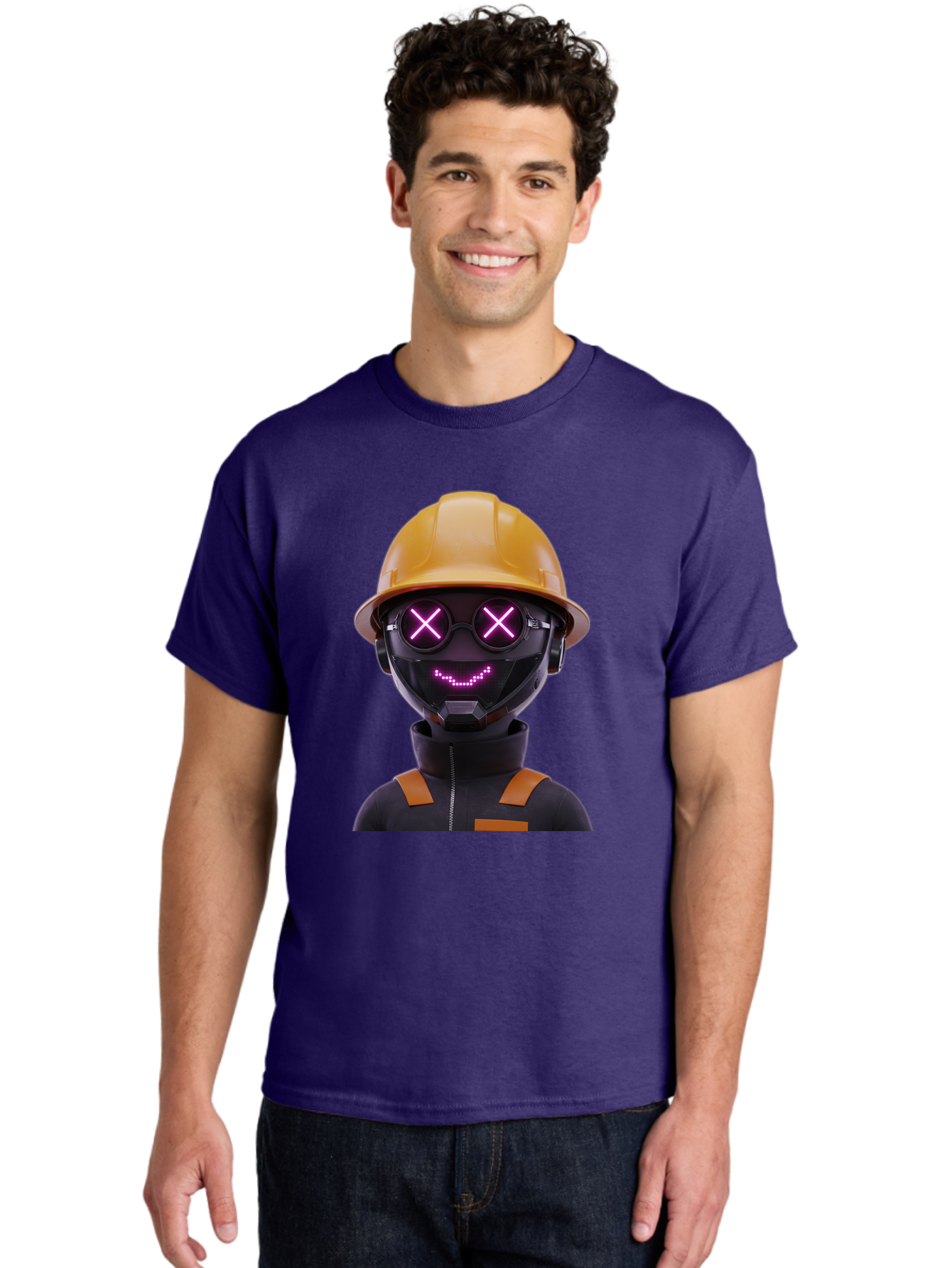 Robot-With-Construction-Hat Men'S Graphic Tee, 100% Cotton, Comfortable Casual Summer Wear, Machine Washable, Robot Character, Futuristic Design, Yellow Hard Hat, Neon Purple Eyes With X, Smiling Face, Black And Orange Jumpsuit, Bad498 27