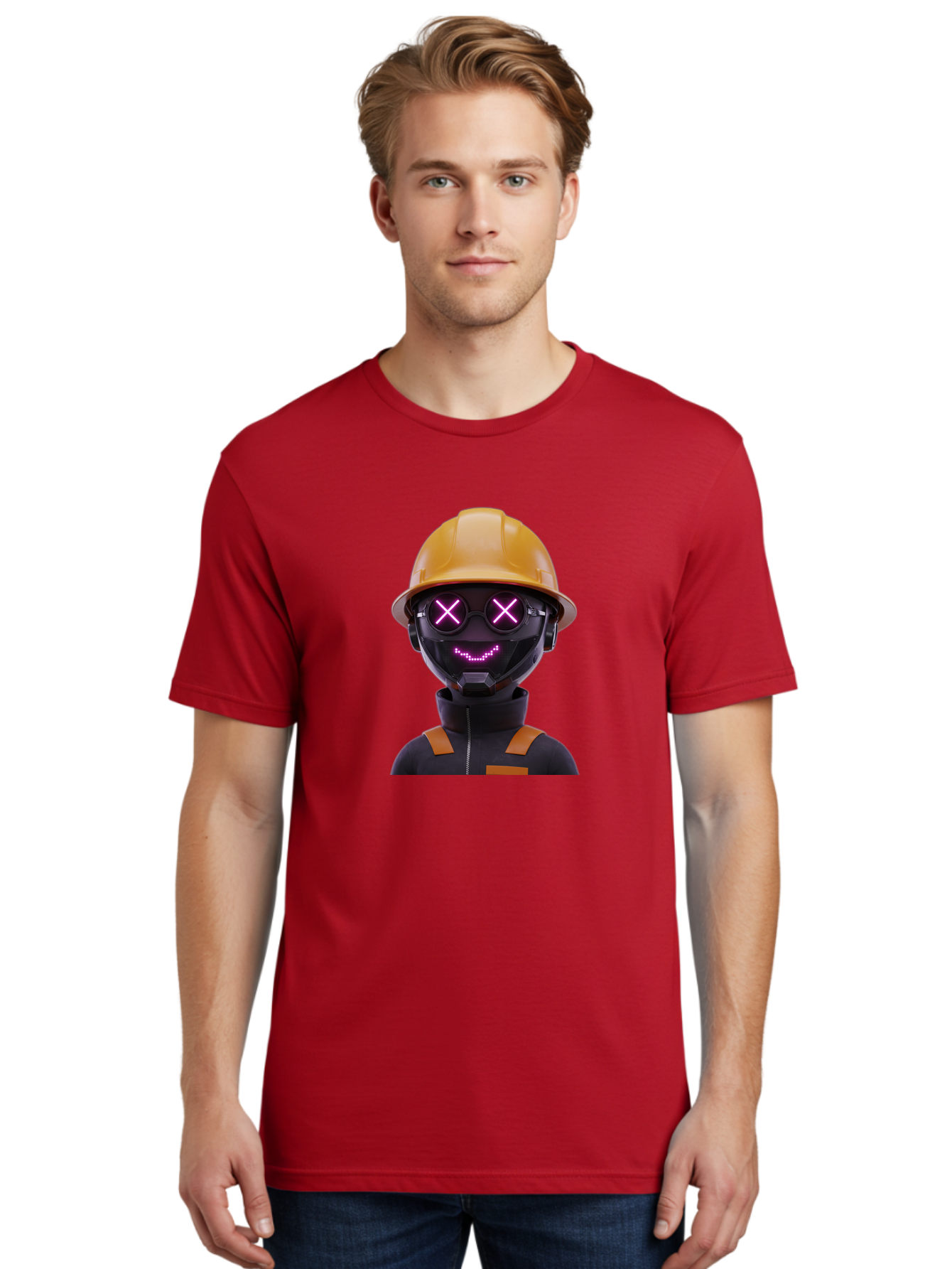 Robot-With-Construction-Hat Men'S Graphic Tee, 100% Cotton, Comfortable Casual Summer Wear, Machine Washable, Robot Character, Futuristic Design, Yellow Hard Hat, Neon Purple Eyes With X, Smiling Face, Black And Orange Jumpsuit, Bad498 16