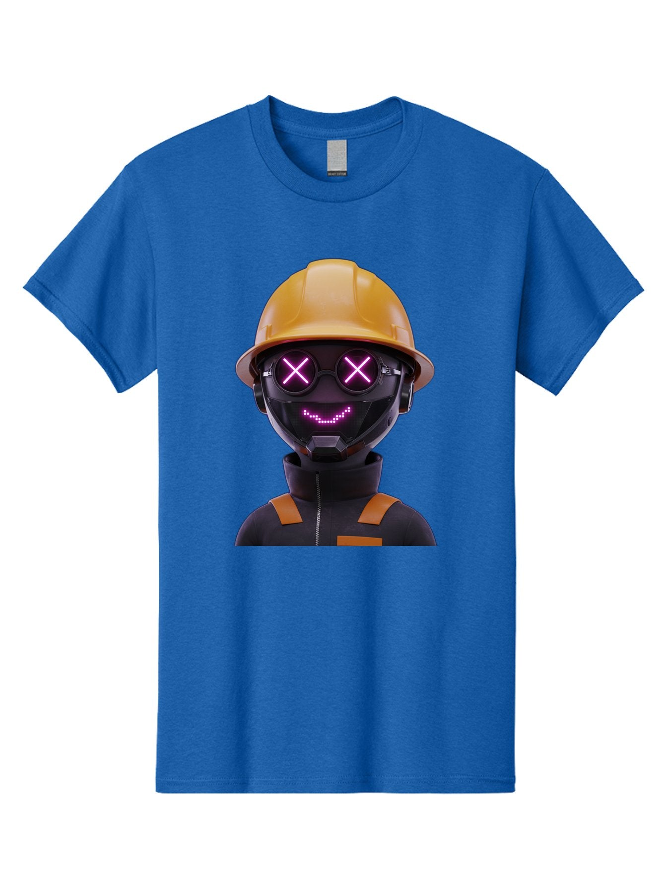 Robot-With-Construction-Hat Men'S Graphic Tee, 100% Cotton, Comfortable Casual Summer Wear, Machine Washable, Robot Character, Futuristic Design, Yellow Hard Hat, Neon Purple Eyes With X, Smiling Face, Black And Orange Jumpsuit, Bad498 8