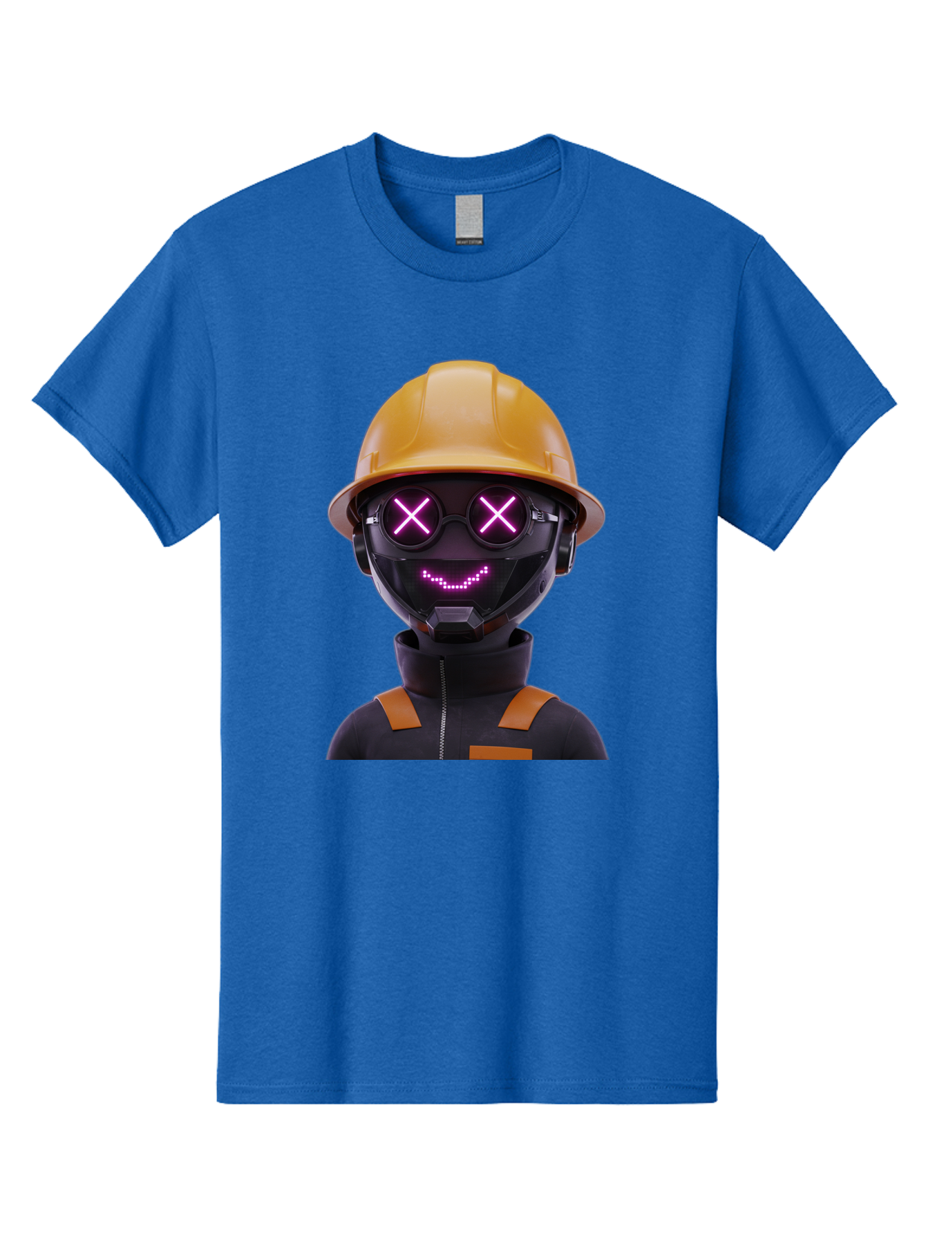 Robot-With-Construction-Hat Men'S Graphic Tee, 100% Cotton, Comfortable Casual Summer Wear, Machine Washable, Robot Character, Futuristic Design, Yellow Hard Hat, Neon Purple Eyes With X, Smiling Face, Black And Orange Jumpsuit, Bad498 6