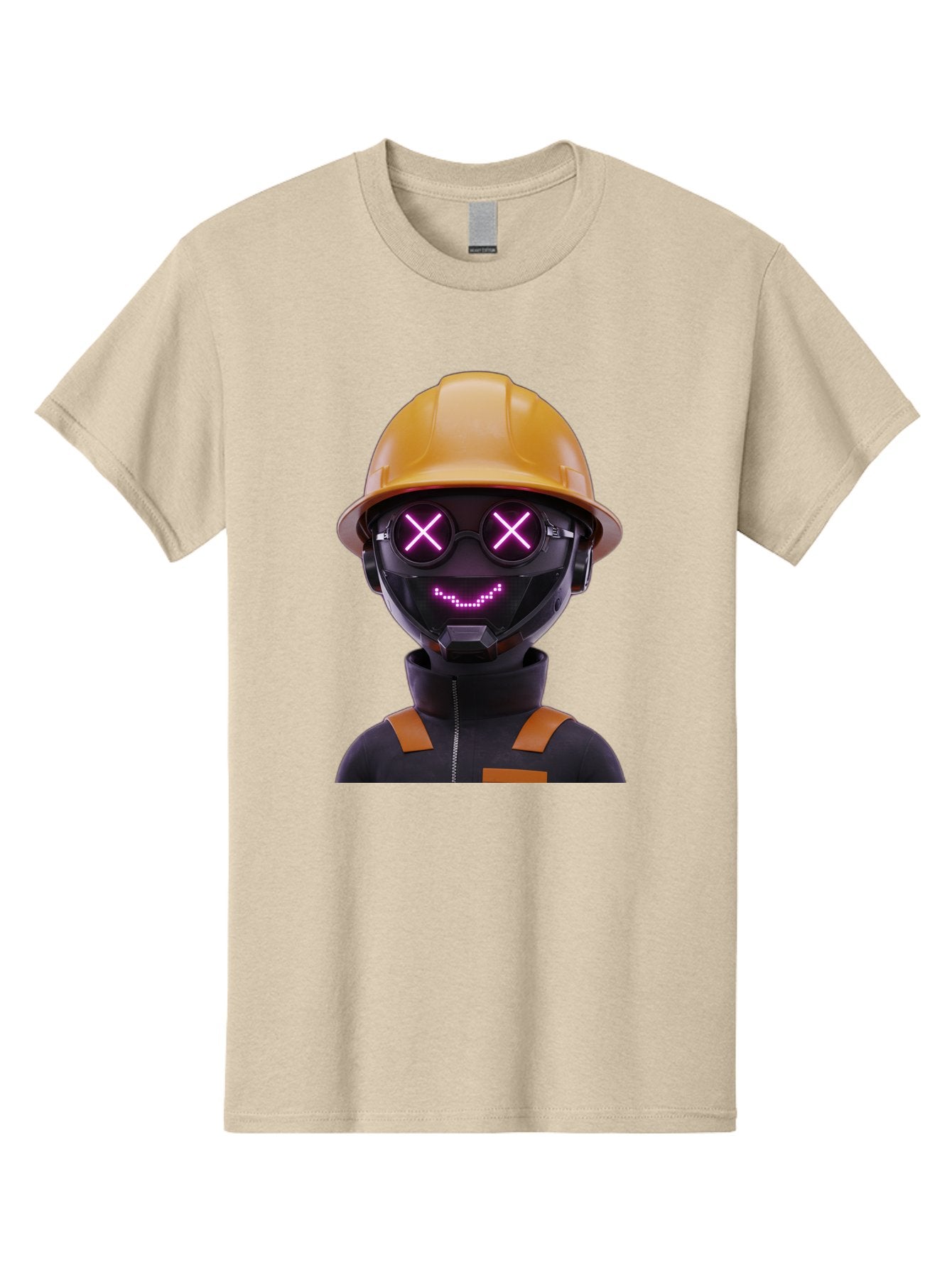 Robot-With-Construction-Hat Men'S Graphic Tee, 100% Cotton, Comfortable Casual Summer Wear, Machine Washable, Robot Character, Futuristic Design, Yellow Hard Hat, Neon Purple Eyes With X, Smiling Face, Black And Orange Jumpsuit, Bad498