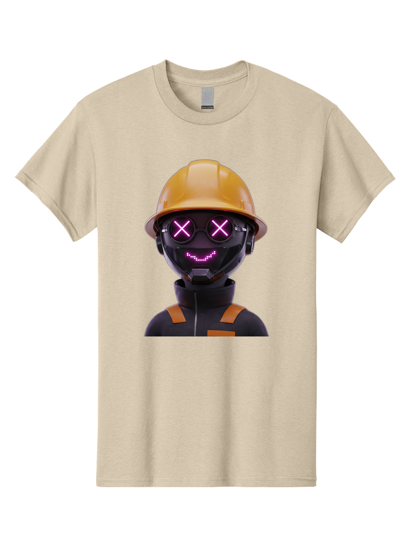 Robot-With-Construction-Hat Men'S Graphic Tee, 100% Cotton, Comfortable Casual Summer Wear, Machine Washable, Robot Character, Futuristic Design, Yellow Hard Hat, Neon Purple Eyes With X, Smiling Face, Black And Orange Jumpsuit, Bad498 11