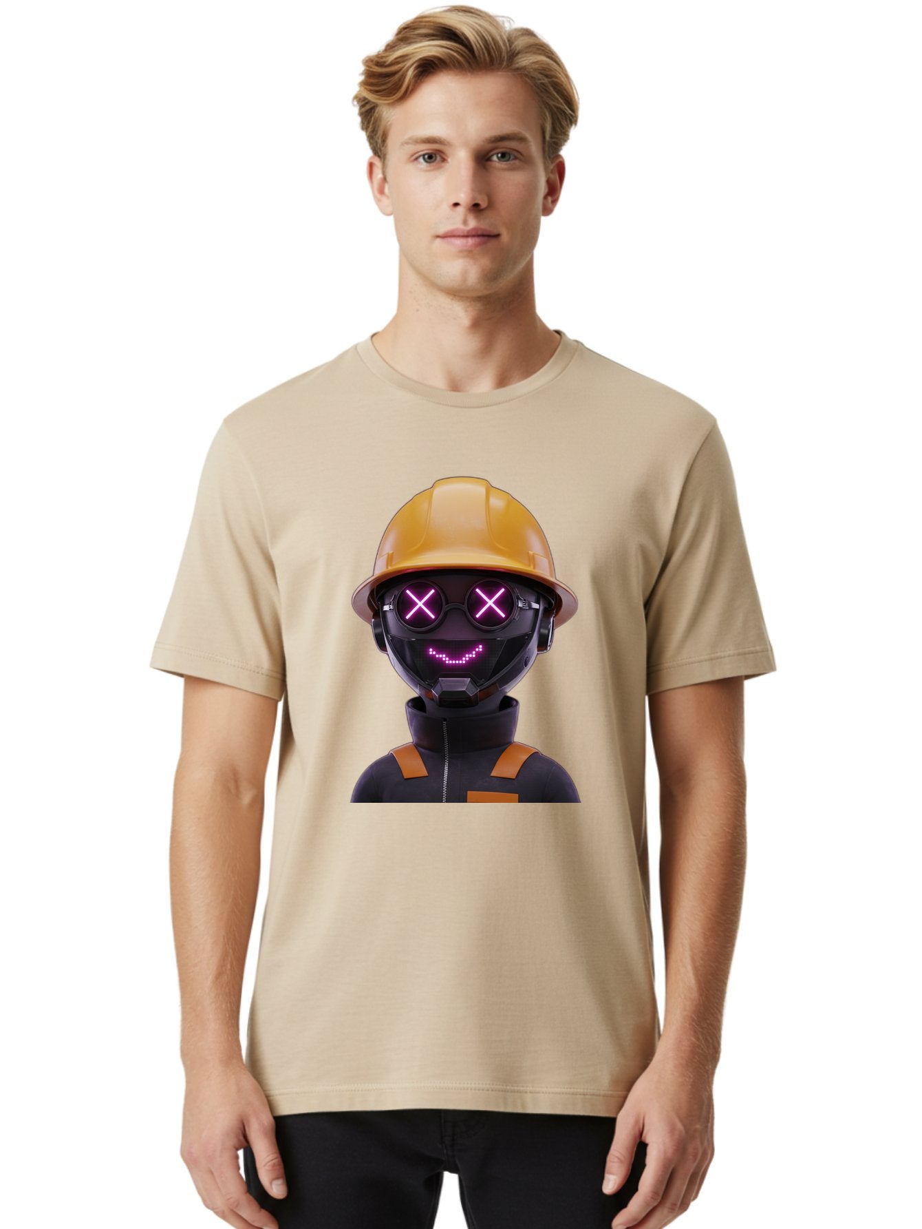 Robot-With-Construction-Hat Men'S Graphic Tee, 100% Cotton, Comfortable Casual Summer Wear, Machine Washable, Robot Character, Futuristic Design, Yellow Hard Hat, Neon Purple Eyes With X, Smiling Face, Black And Orange Jumpsuit, Bad498 19