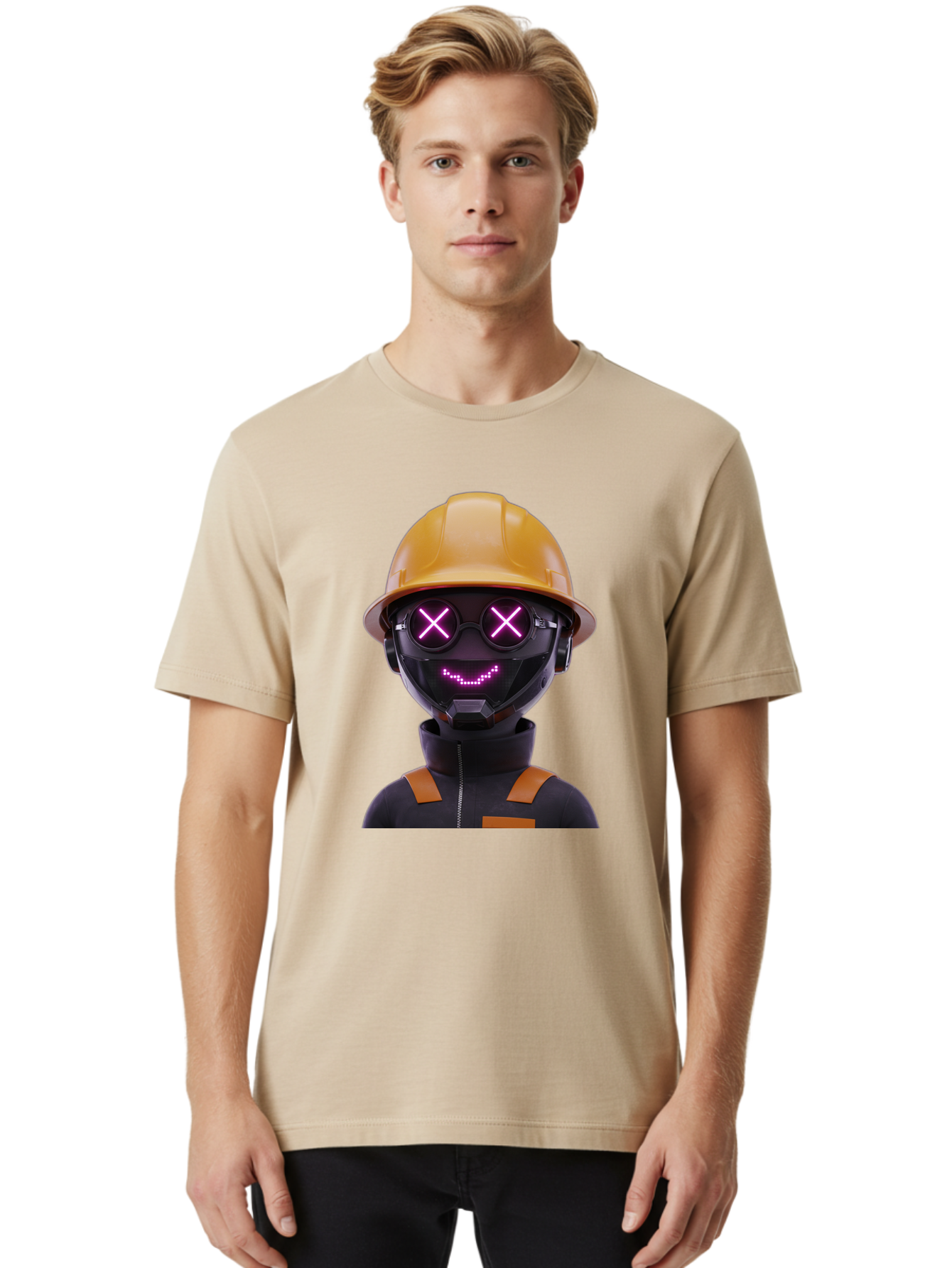 Robot-With-Construction-Hat Men'S Graphic Tee, 100% Cotton, Comfortable Casual Summer Wear, Machine Washable, Robot Character, Futuristic Design, Yellow Hard Hat, Neon Purple Eyes With X, Smiling Face, Black And Orange Jumpsuit, Bad498 26