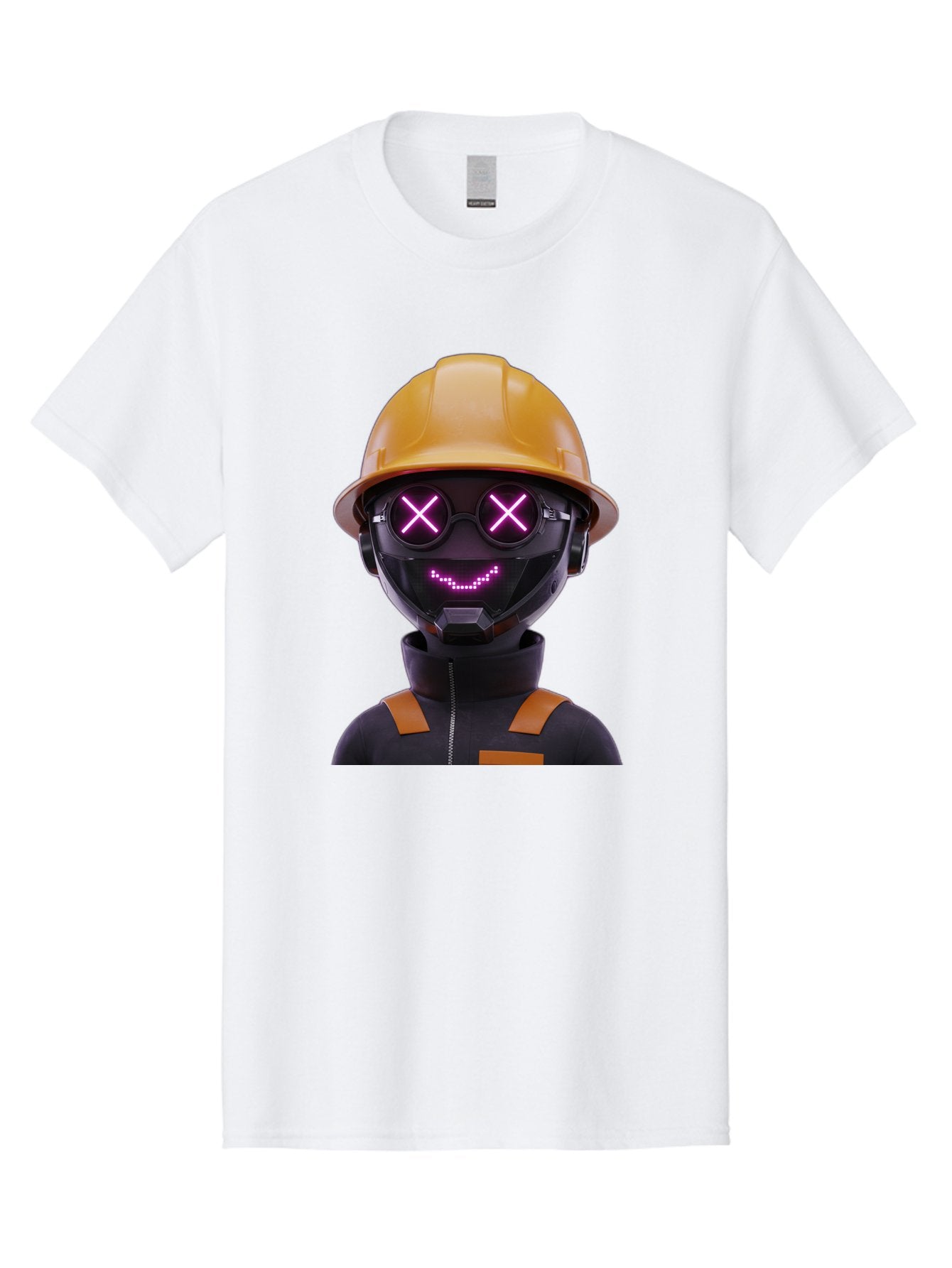 Robot-With-Construction-Hat Men'S Graphic Tee, 100% Cotton, Comfortable Casual Summer Wear, Machine Washable, Robot Character, Futuristic Design, Yellow Hard Hat, Neon Purple Eyes With X, Smiling Face, Black And Orange Jumpsuit, Bad498 10