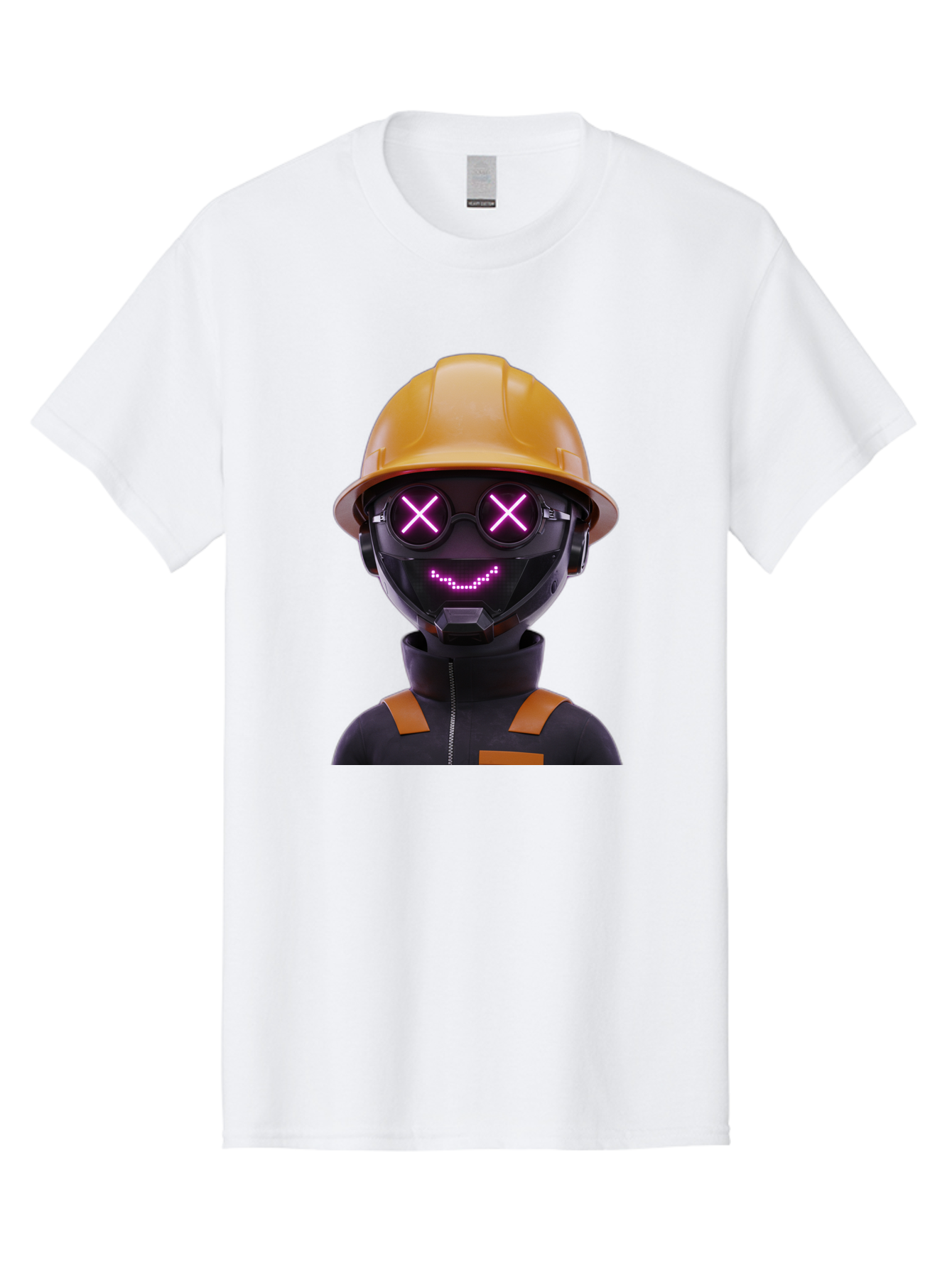Robot-With-Construction-Hat Men'S Graphic Tee, 100% Cotton, Comfortable Casual Summer Wear, Machine Washable, Robot Character, Futuristic Design, Yellow Hard Hat, Neon Purple Eyes With X, Smiling Face, Black And Orange Jumpsuit, Bad498 14
