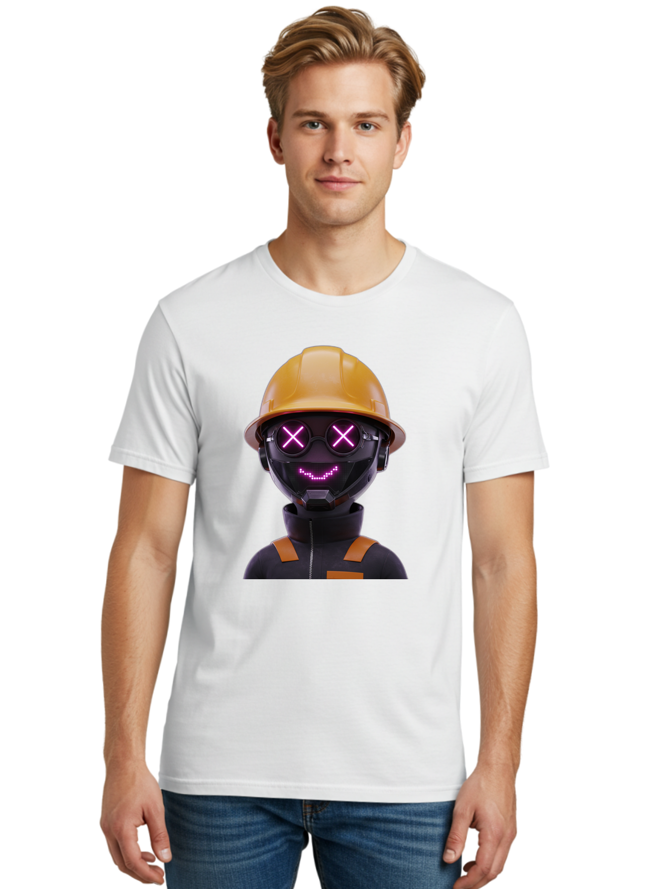Robot-With-Construction-Hat Men'S Graphic Tee, 100% Cotton, Comfortable Casual Summer Wear, Machine Washable, Robot Character, Futuristic Design, Yellow Hard Hat, Neon Purple Eyes With X, Smiling Face, Black And Orange Jumpsuit, Bad498 29