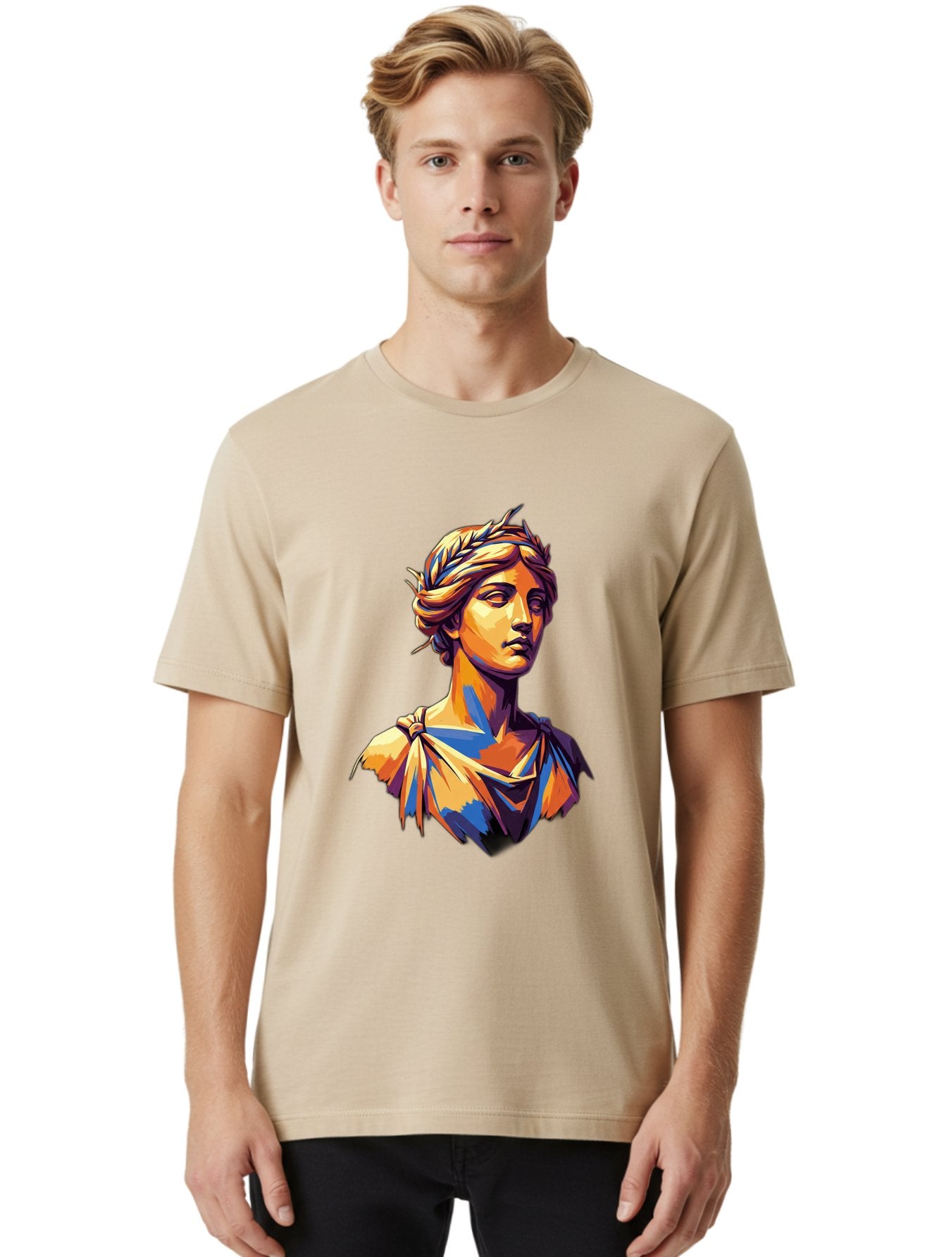 Roman-Bust Men'S Graphic Tee, 100% Cotton, Comfortable Casual Summer Wear, Machine Washable, Classical Statue, Ancient Greek, Laurel Wreath, Marble Bust, Historical Figure, Mythological Character, Artistic Sculpture, Cultural Heritage, Bad500 23