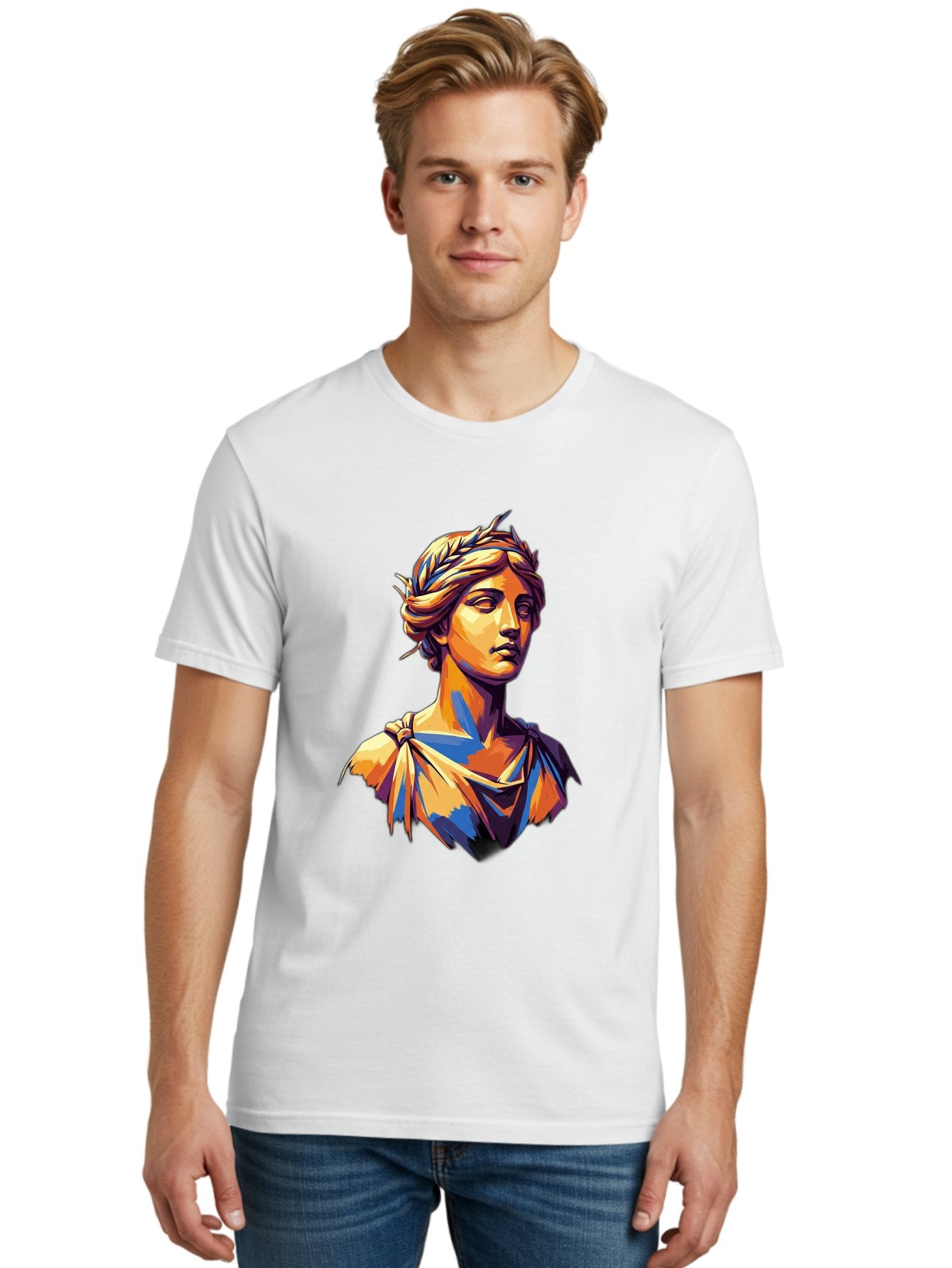 Roman-Bust Men'S Graphic Tee, 100% Cotton, Comfortable Casual Summer Wear, Machine Washable, Classical Statue, Ancient Greek, Laurel Wreath, Marble Bust, Historical Figure, Mythological Character, Artistic Sculpture, Cultural Heritage, Bad500 30