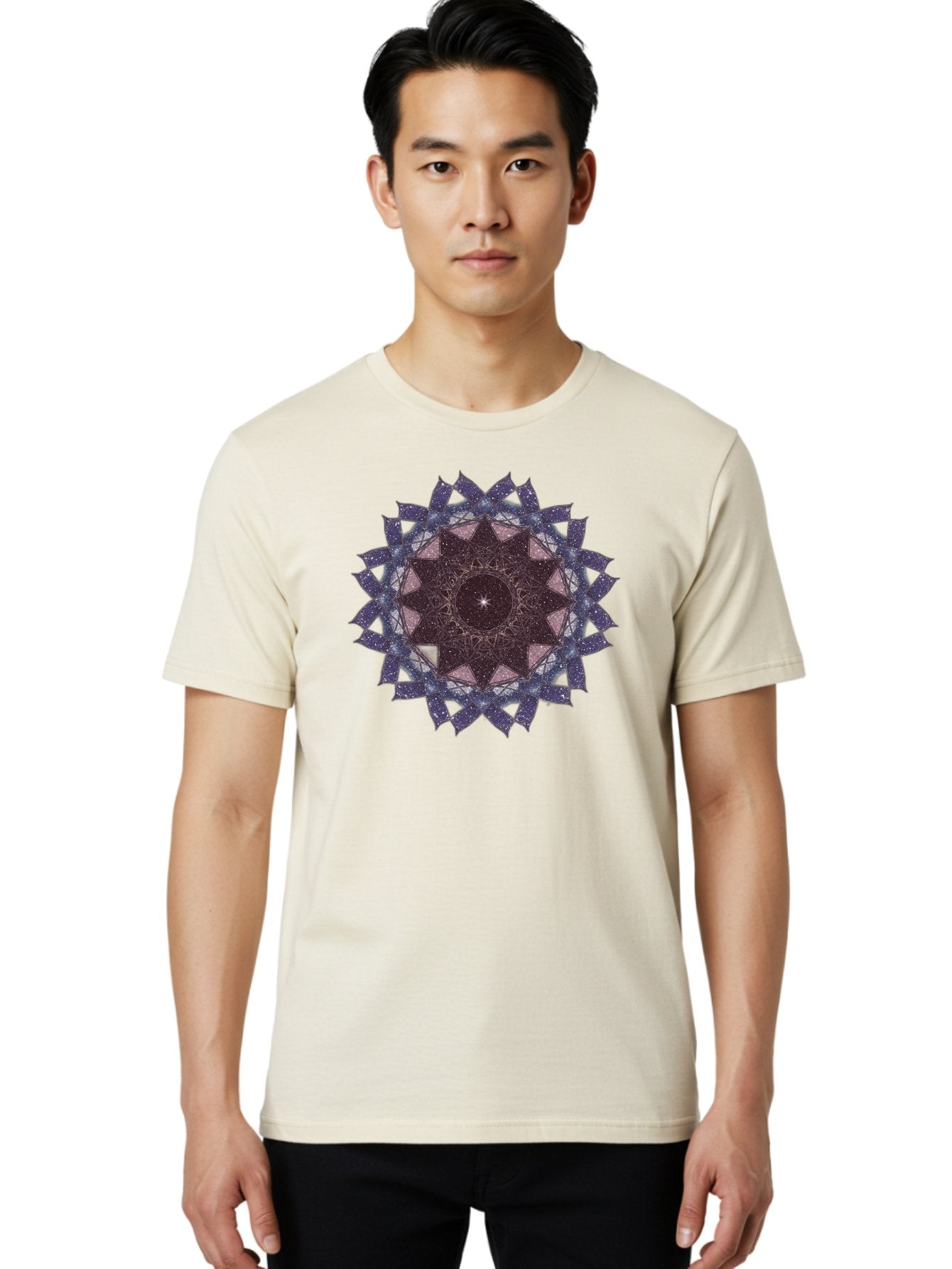 Sacred-Geometry-Star Men'S Graphic Tee, 100% Cotton, Comfortable Casual Summer Wear, Machine Washable, Sacred Geometry, Mandala Art, Geometric Patterns, Star Symbol, Spiritual Design, Mystical Shapes, Cosmic Theme, Intricate Details, Bad501 24