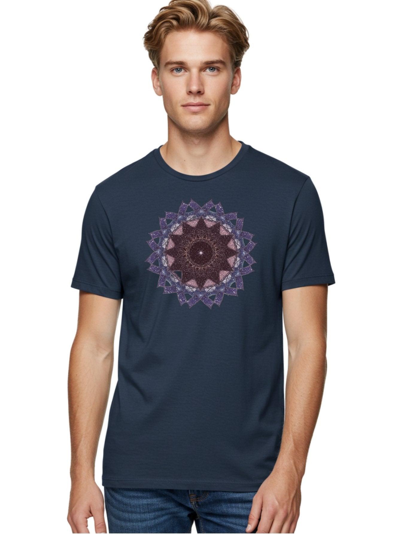 Sacred-Geometry-Star Men'S Graphic Tee, 100% Cotton, Comfortable Casual Summer Wear, Machine Washable, Sacred Geometry, Mandala Art, Geometric Patterns, Star Symbol, Spiritual Design, Mystical Shapes, Cosmic Theme, Intricate Details, Bad501 20