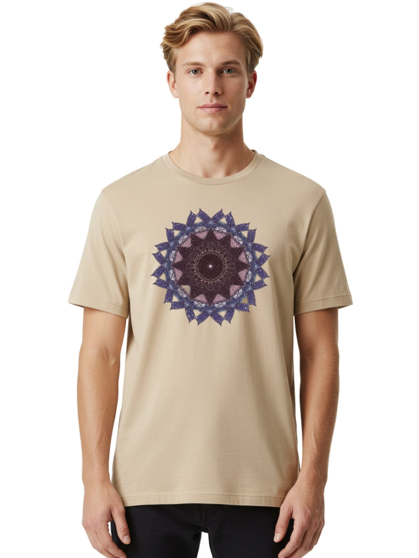 Sacred-Geometry-Star Men'S Graphic Tee, 100% Cotton, Comfortable Casual Summer Wear, Machine Washable, Sacred Geometry, Mandala Art, Geometric Patterns, Star Symbol, Spiritual Design, Mystical Shapes, Cosmic Theme, Intricate Details, Bad501 19