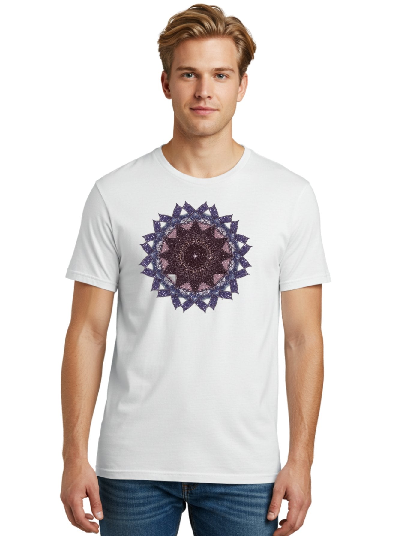 Sacred-Geometry-Star Men'S Graphic Tee, 100% Cotton, Comfortable Casual Summer Wear, Machine Washable, Sacred Geometry, Mandala Art, Geometric Patterns, Star Symbol, Spiritual Design, Mystical Shapes, Cosmic Theme, Intricate Details, Bad501 27