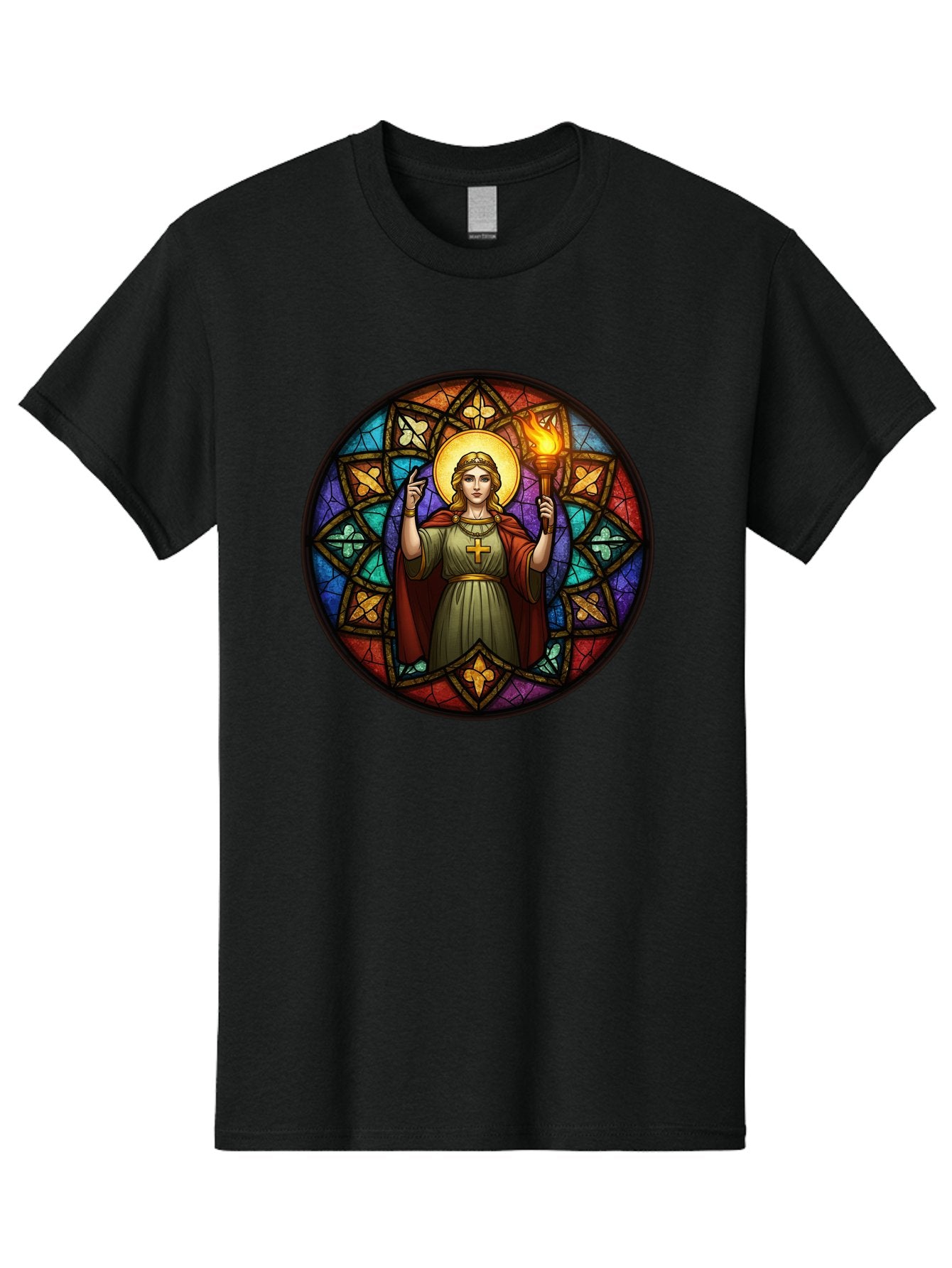 Saint-With-Torch-Stained-Glass Men'S Graphic Tee, 100% Cotton, Comfortable Casual Summer Wear, Machine Washable, Stained Glass Window, Saint With Torch, Cross Pendant, Floral Patterns, Vibrant Colors, Religious Art, Sacred Imagery, Bad505 15