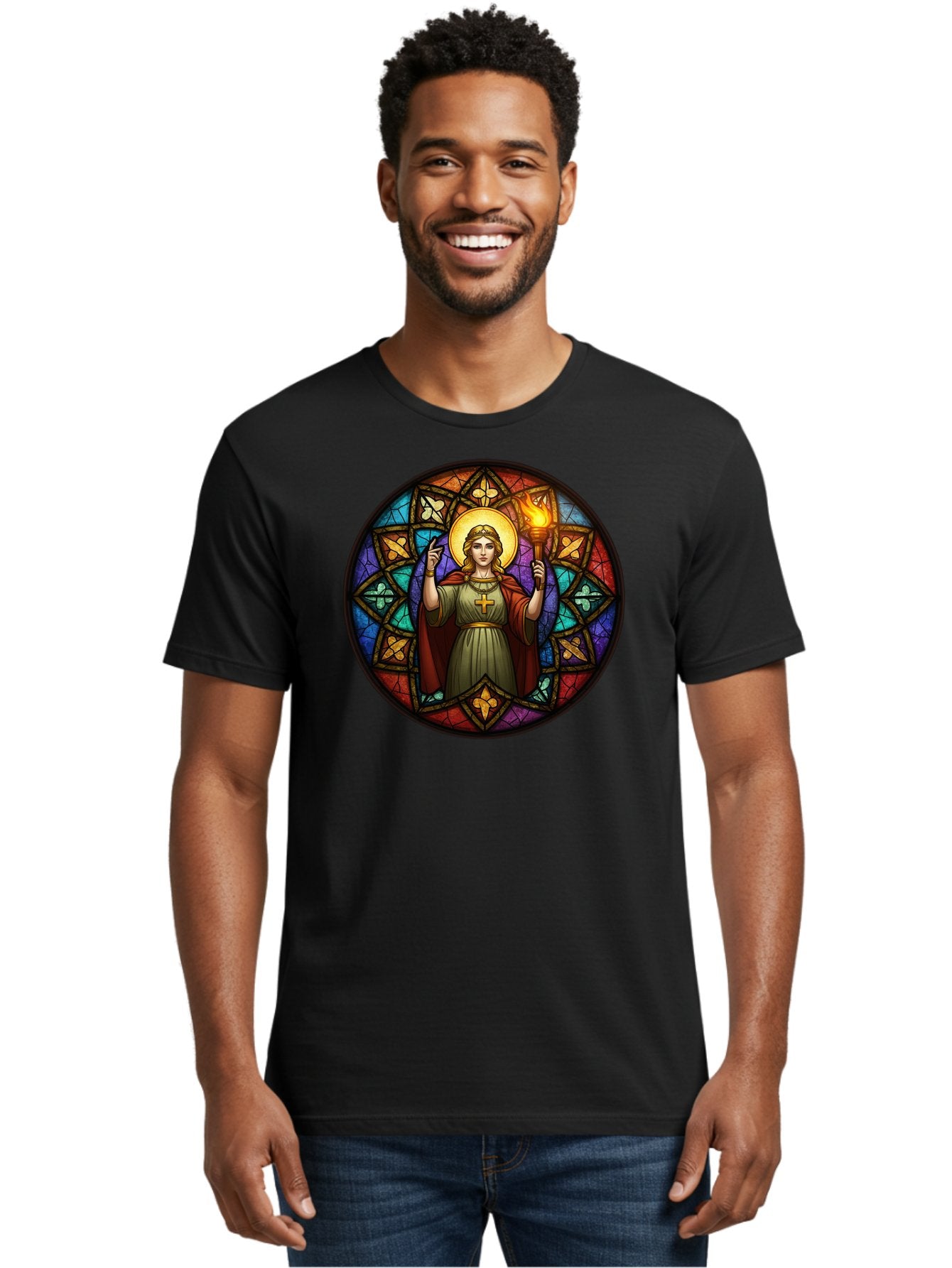 Saint-With-Torch-Stained-Glass Men'S Graphic Tee, 100% Cotton, Comfortable Casual Summer Wear, Machine Washable, Stained Glass Window, Saint With Torch, Cross Pendant, Floral Patterns, Vibrant Colors, Religious Art, Sacred Imagery, Bad505 30