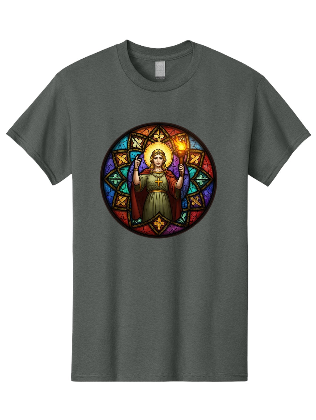 Saint-With-Torch-Stained-Glass Men'S Graphic Tee, 100% Cotton, Comfortable Casual Summer Wear, Machine Washable, Stained Glass Window, Saint With Torch, Cross Pendant, Floral Patterns, Vibrant Colors, Religious Art, Sacred Imagery, Bad505 7