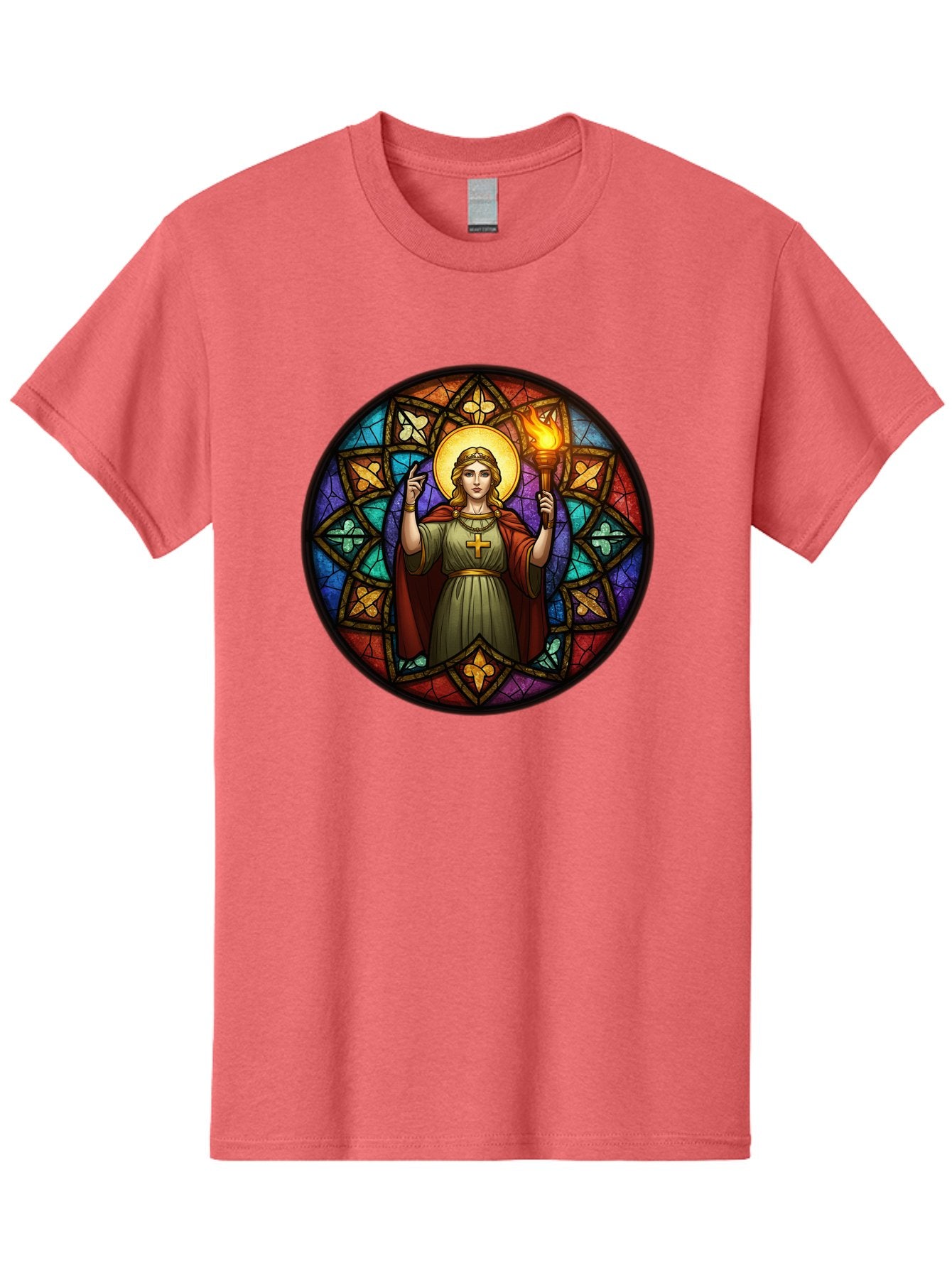 Saint-With-Torch-Stained-Glass Men'S Graphic Tee, 100% Cotton, Comfortable Casual Summer Wear, Machine Washable, Stained Glass Window, Saint With Torch, Cross Pendant, Floral Patterns, Vibrant Colors, Religious Art, Sacred Imagery, Bad505 9