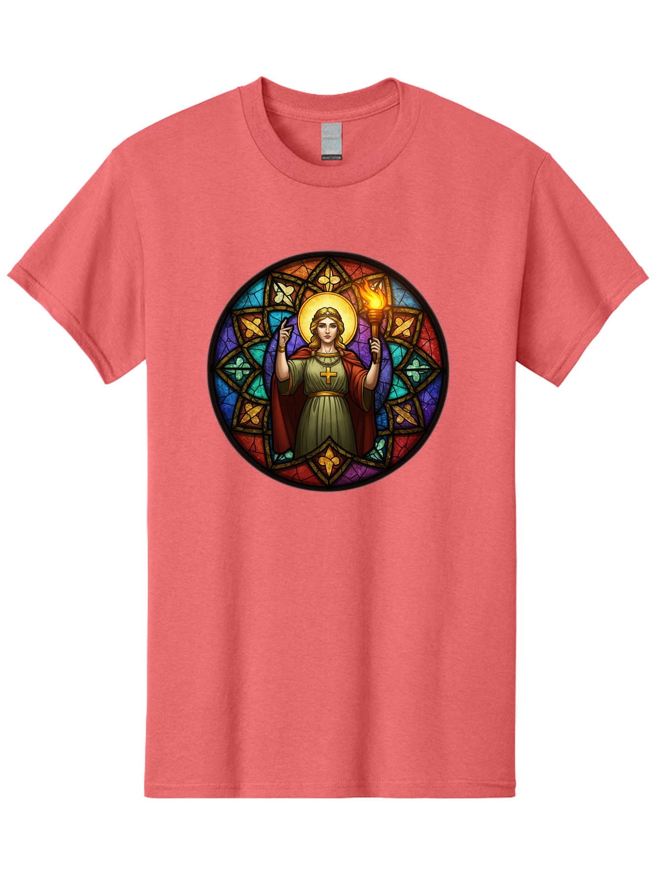 Saint-With-Torch-Stained-Glass Men'S Graphic Tee, 100% Cotton, Comfortable Casual Summer Wear, Machine Washable, Stained Glass Window, Saint With Torch, Cross Pendant, Floral Patterns, Vibrant Colors, Religious Art, Sacred Imagery, Bad505 5
