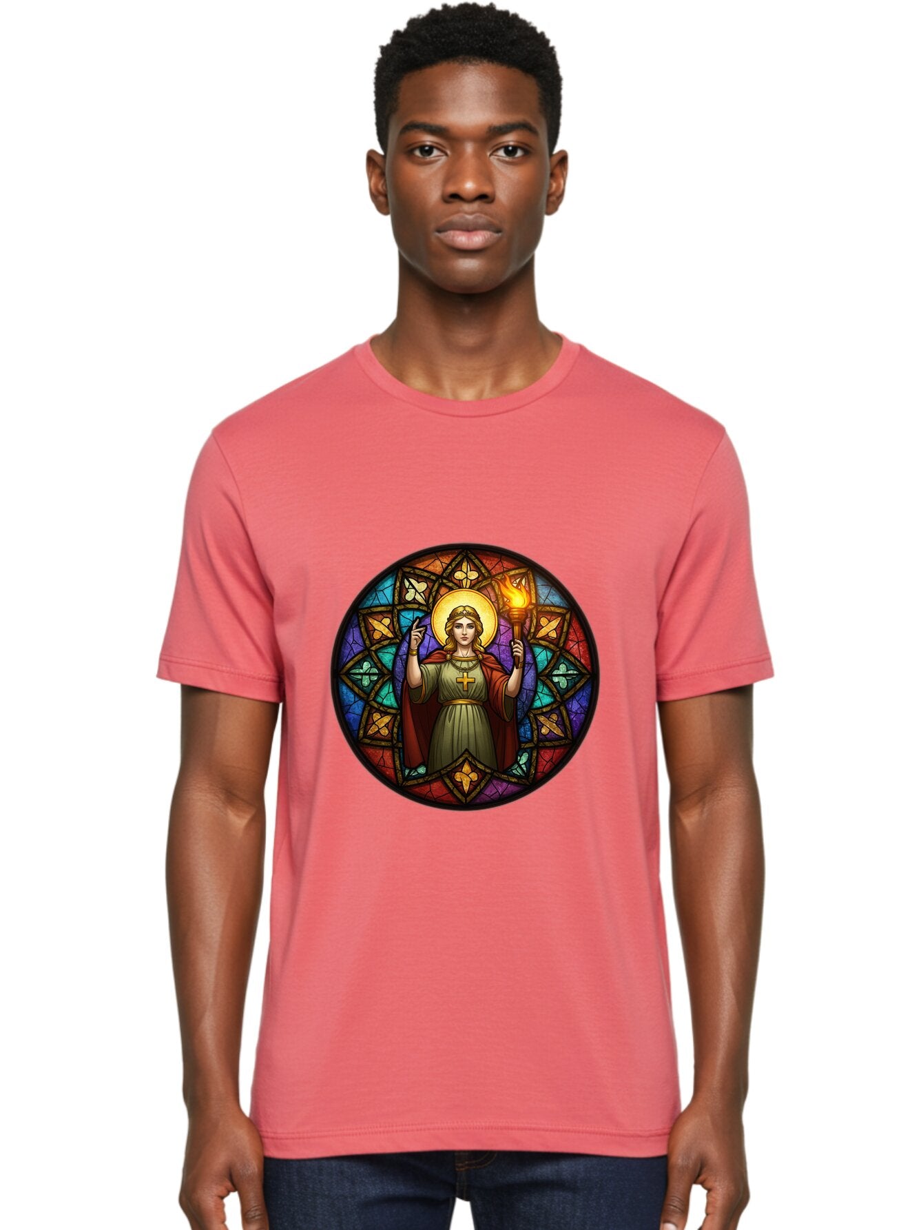 Saint-With-Torch-Stained-Glass Men'S Graphic Tee, 100% Cotton, Comfortable Casual Summer Wear, Machine Washable, Stained Glass Window, Saint With Torch, Cross Pendant, Floral Patterns, Vibrant Colors, Religious Art, Sacred Imagery, Bad505 26