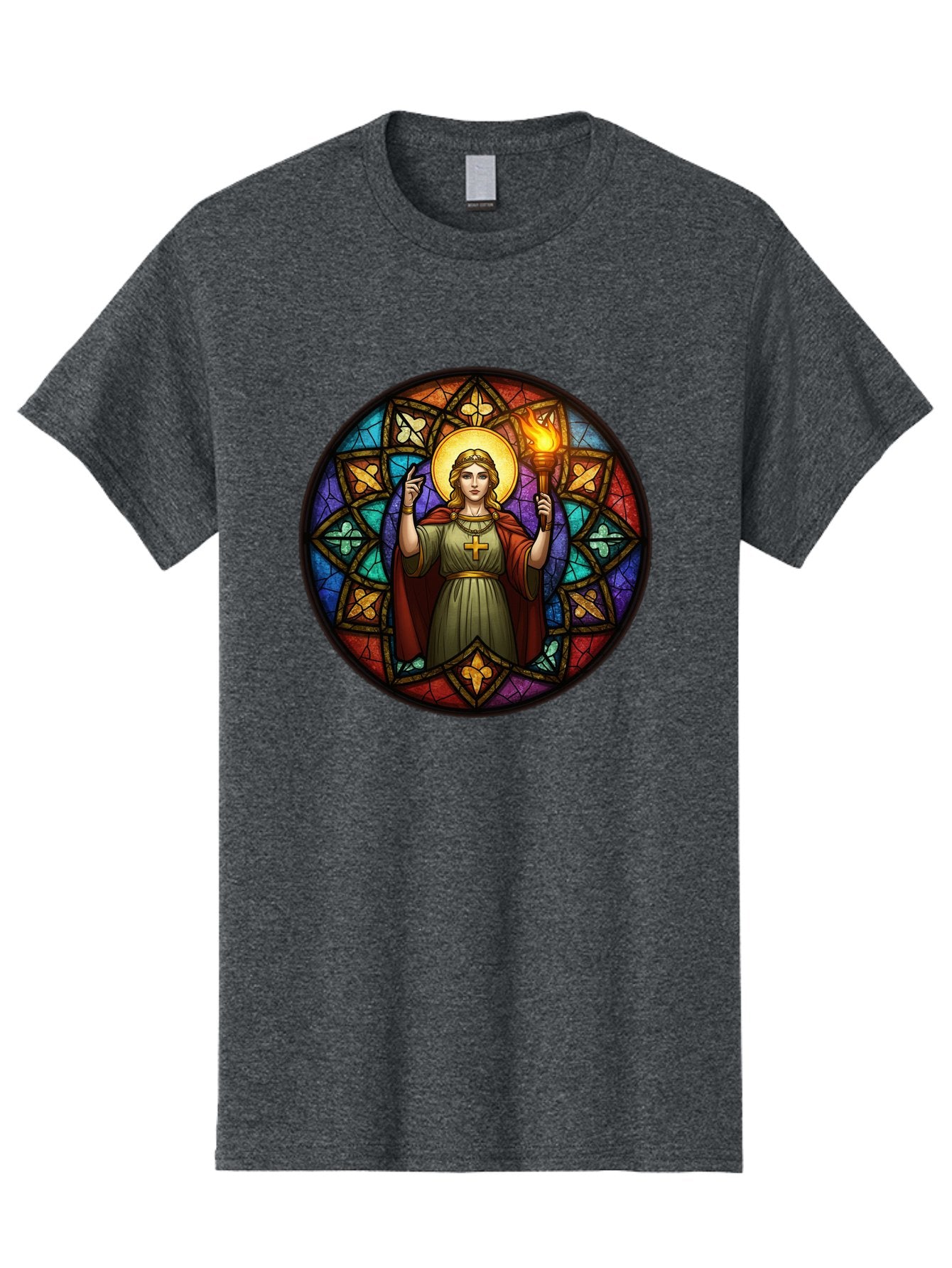 Saint-With-Torch-Stained-Glass Men'S Graphic Tee, 100% Cotton, Comfortable Casual Summer Wear, Machine Washable, Stained Glass Window, Saint With Torch, Cross Pendant, Floral Patterns, Vibrant Colors, Religious Art, Sacred Imagery, Bad505 3