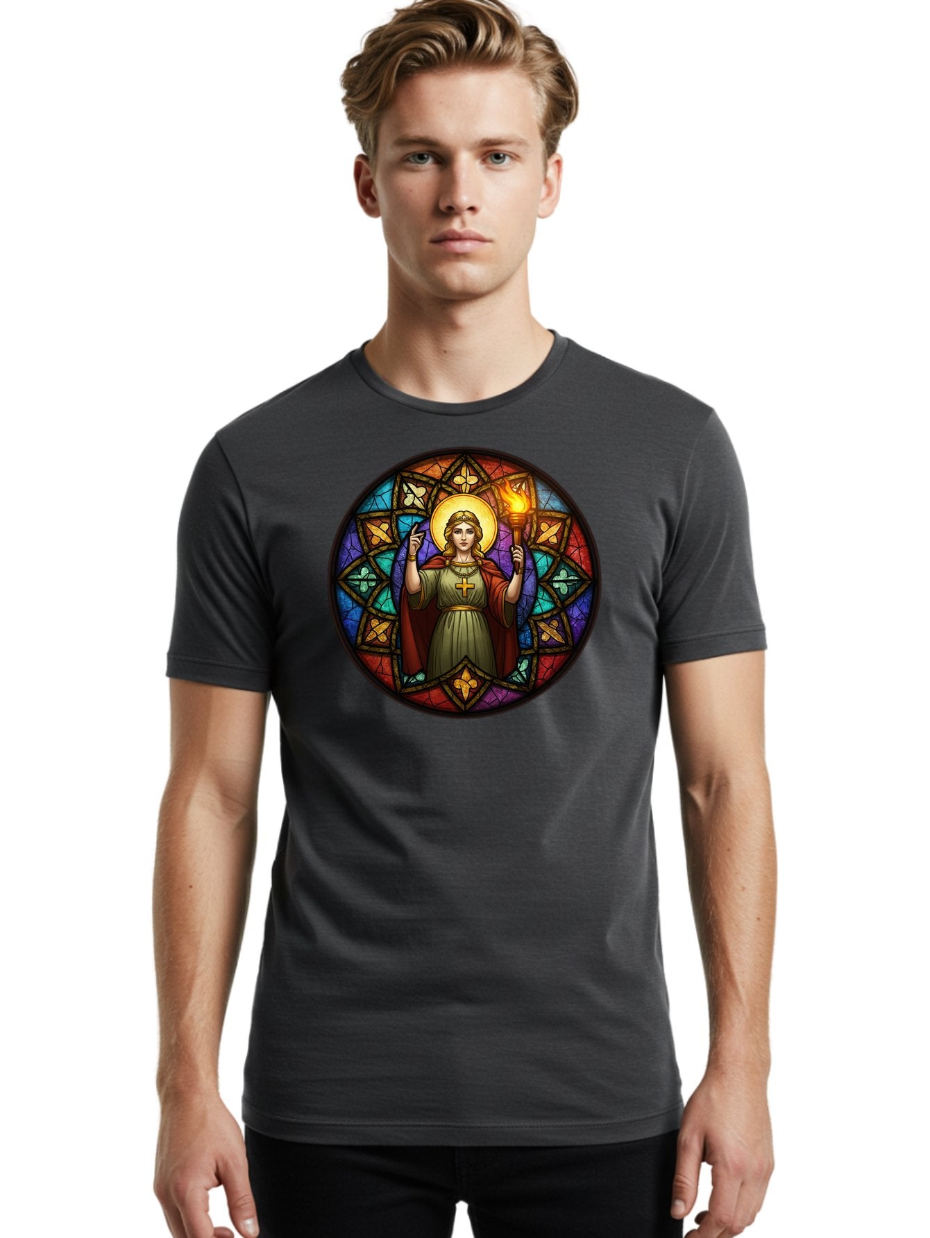Saint-With-Torch-Stained-Glass Men'S Graphic Tee, 100% Cotton, Comfortable Casual Summer Wear, Machine Washable, Stained Glass Window, Saint With Torch, Cross Pendant, Floral Patterns, Vibrant Colors, Religious Art, Sacred Imagery, Bad505 22