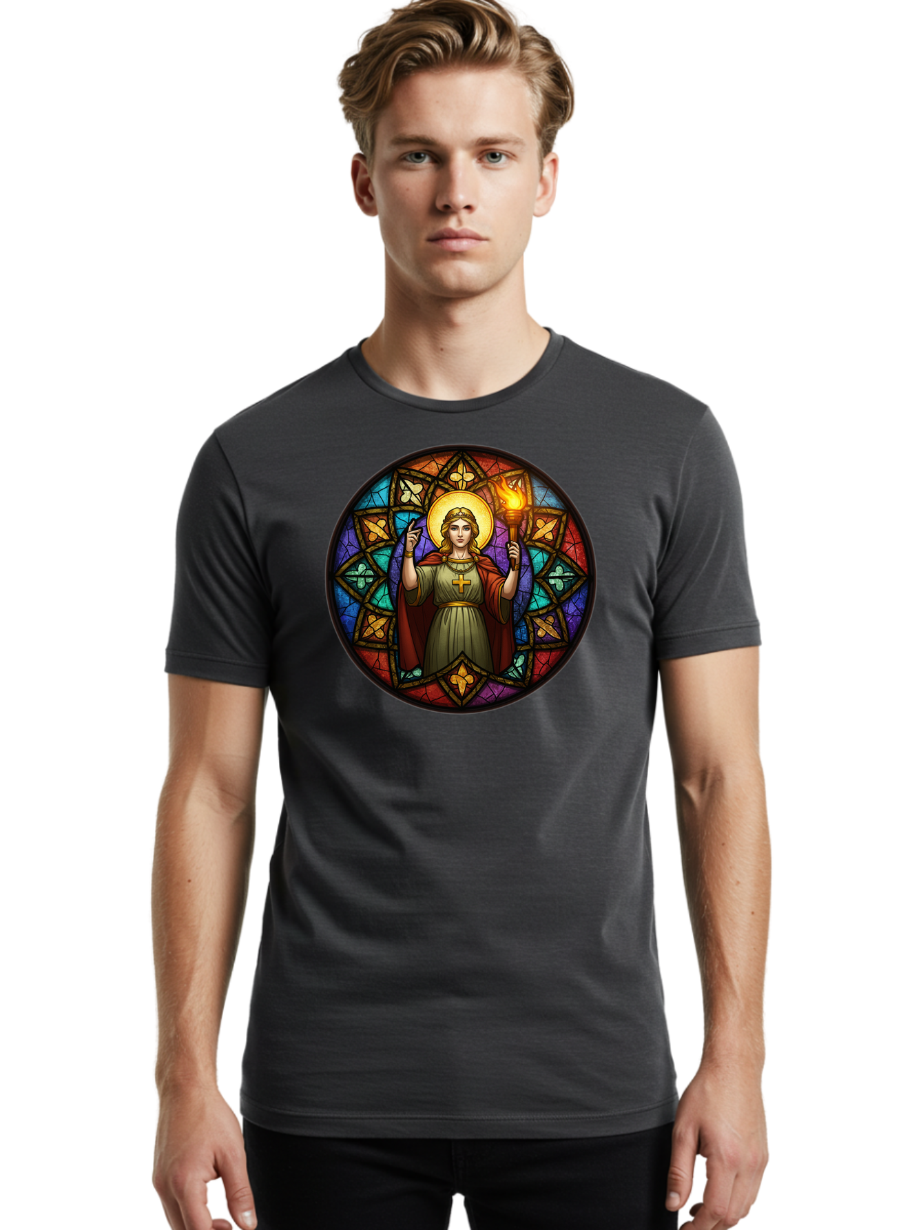 Saint-With-Torch-Stained-Glass Men'S Graphic Tee, 100% Cotton, Comfortable Casual Summer Wear, Machine Washable, Stained Glass Window, Saint With Torch, Cross Pendant, Floral Patterns, Vibrant Colors, Religious Art, Sacred Imagery, Bad505 24