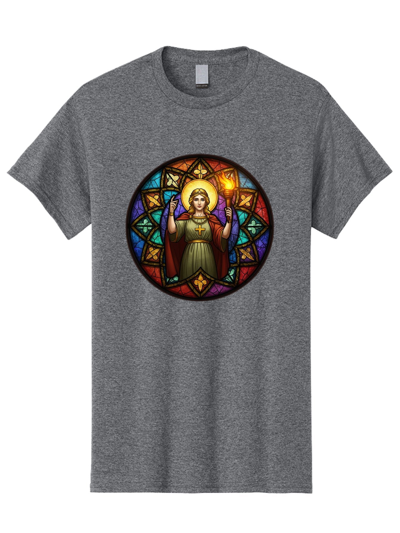 Saint-With-Torch-Stained-Glass Men'S Graphic Tee, 100% Cotton, Comfortable Casual Summer Wear, Machine Washable, Stained Glass Window, Saint With Torch, Cross Pendant, Floral Patterns, Vibrant Colors, Religious Art, Sacred Imagery, Bad505 5