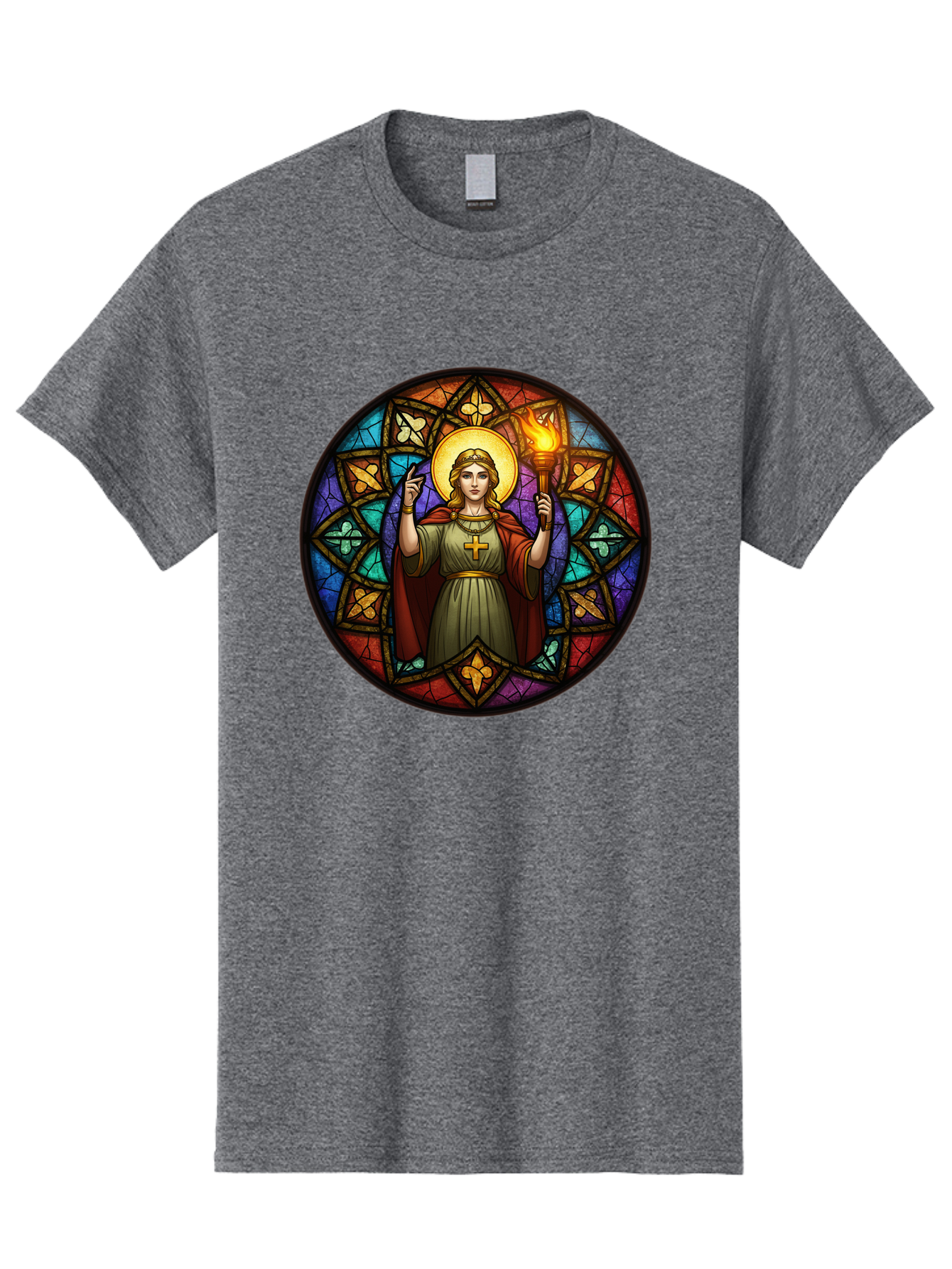 Saint-With-Torch-Stained-Glass Men'S Graphic Tee, 100% Cotton, Comfortable Casual Summer Wear, Machine Washable, Stained Glass Window, Saint With Torch, Cross Pendant, Floral Patterns, Vibrant Colors, Religious Art, Sacred Imagery, Bad505 8