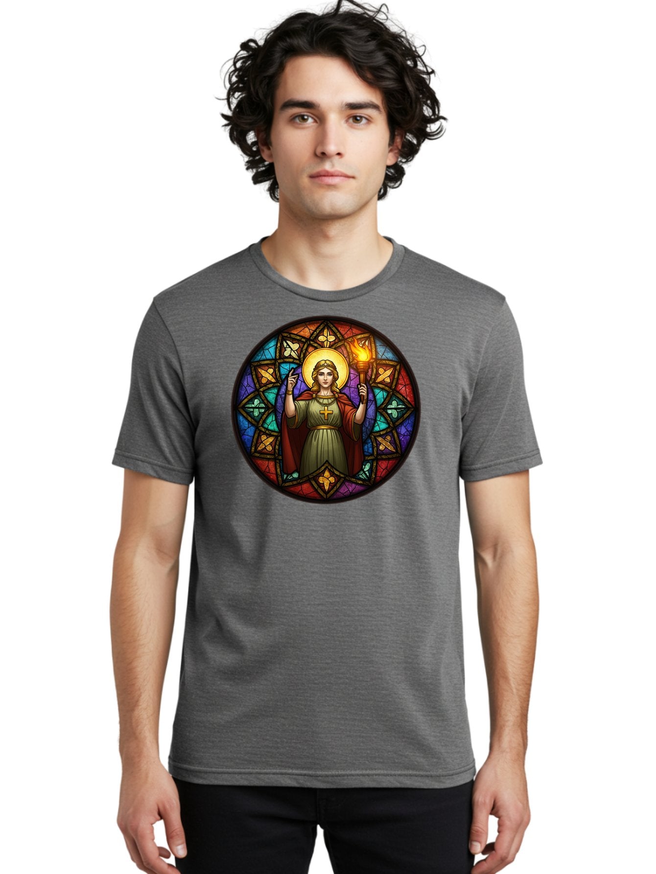 Saint-With-Torch-Stained-Glass Men'S Graphic Tee, 100% Cotton, Comfortable Casual Summer Wear, Machine Washable, Stained Glass Window, Saint With Torch, Cross Pendant, Floral Patterns, Vibrant Colors, Religious Art, Sacred Imagery, Bad505 23