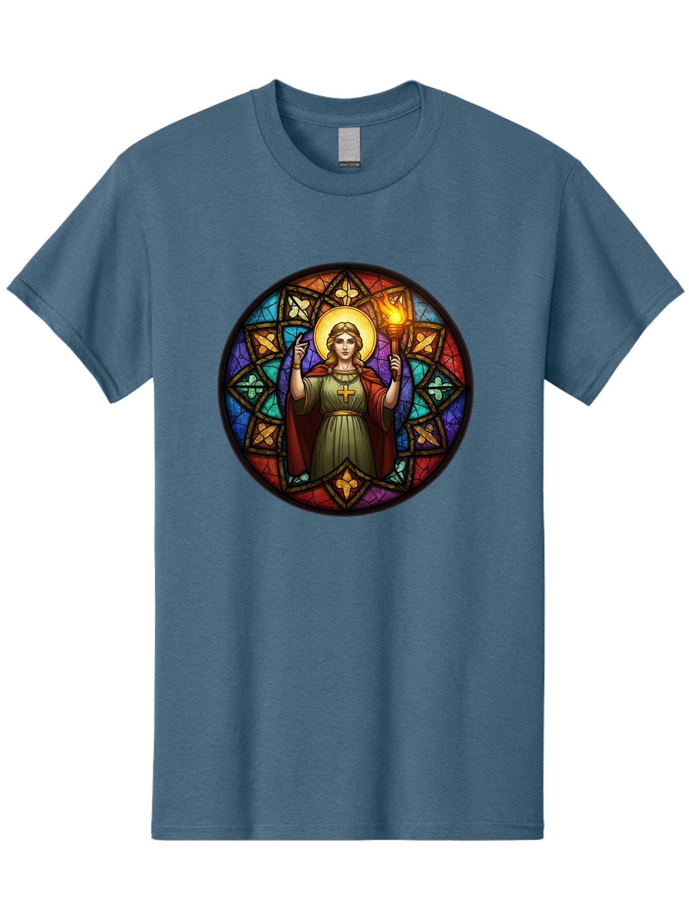 Saint-With-Torch-Stained-Glass Men'S Graphic Tee, 100% Cotton, Comfortable Casual Summer Wear, Machine Washable, Stained Glass Window, Saint With Torch, Cross Pendant, Floral Patterns, Vibrant Colors, Religious Art, Sacred Imagery, Bad505 8