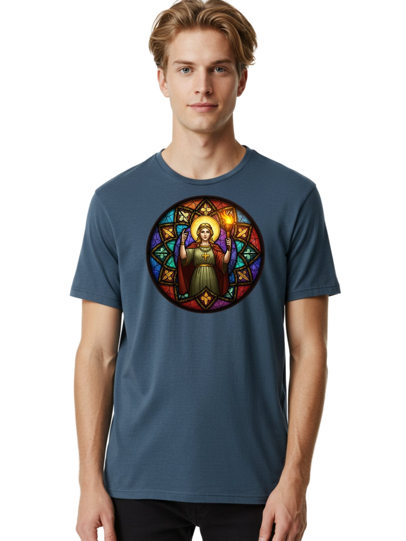 Saint-With-Torch-Stained-Glass Men'S Graphic Tee, 100% Cotton, Comfortable Casual Summer Wear, Machine Washable, Stained Glass Window, Saint With Torch, Cross Pendant, Floral Patterns, Vibrant Colors, Religious Art, Sacred Imagery, Bad505 25