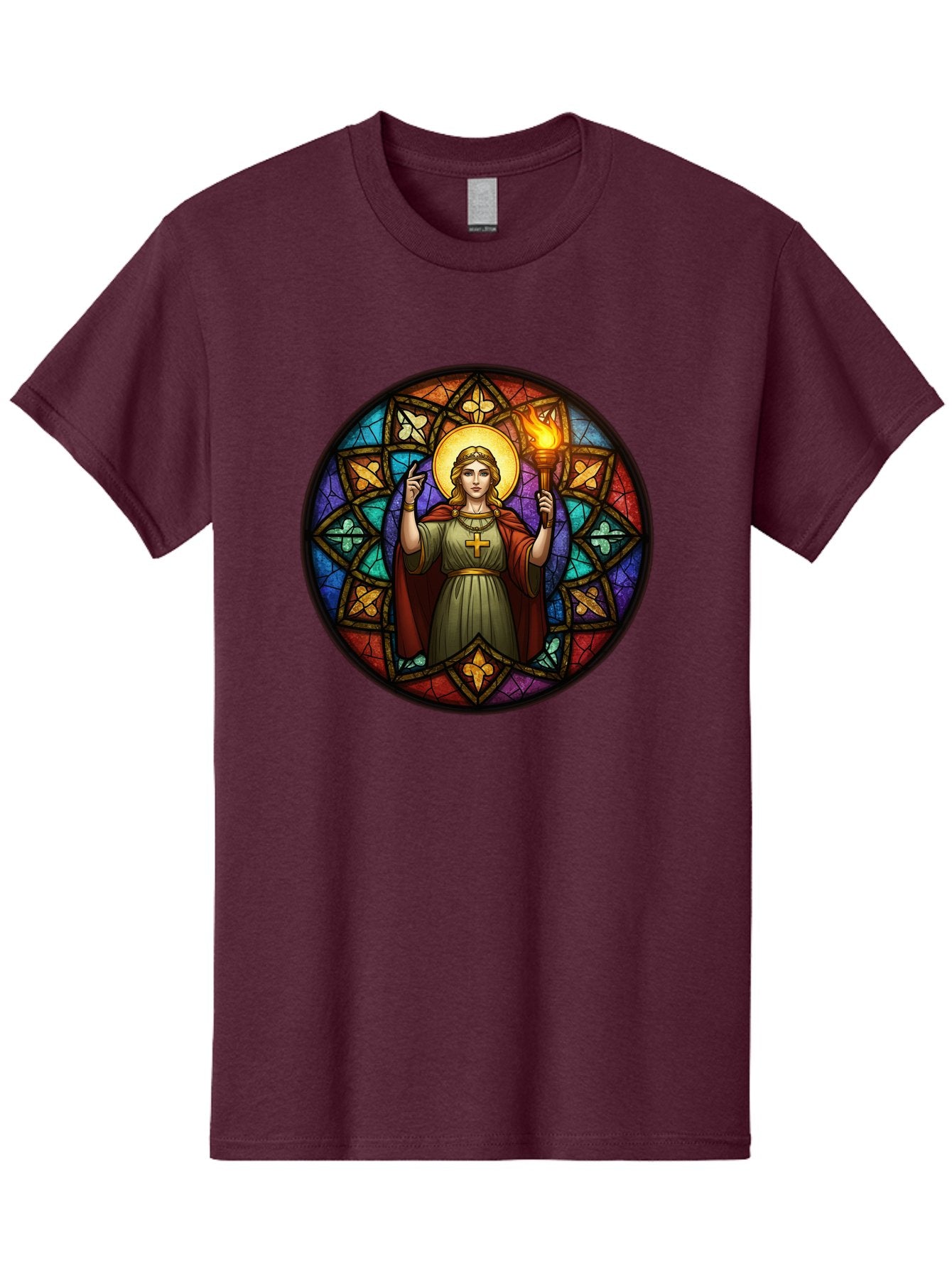 Saint-With-Torch-Stained-Glass Men'S Graphic Tee, 100% Cotton, Comfortable Casual Summer Wear, Machine Washable, Stained Glass Window, Saint With Torch, Cross Pendant, Floral Patterns, Vibrant Colors, Religious Art, Sacred Imagery, Bad505 4