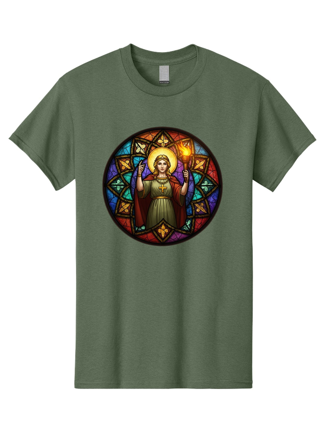 Saint-With-Torch-Stained-Glass Men'S Graphic Tee, 100% Cotton, Comfortable Casual Summer Wear, Machine Washable, Stained Glass Window, Saint With Torch, Cross Pendant, Floral Patterns, Vibrant Colors, Religious Art, Sacred Imagery, Bad505 6