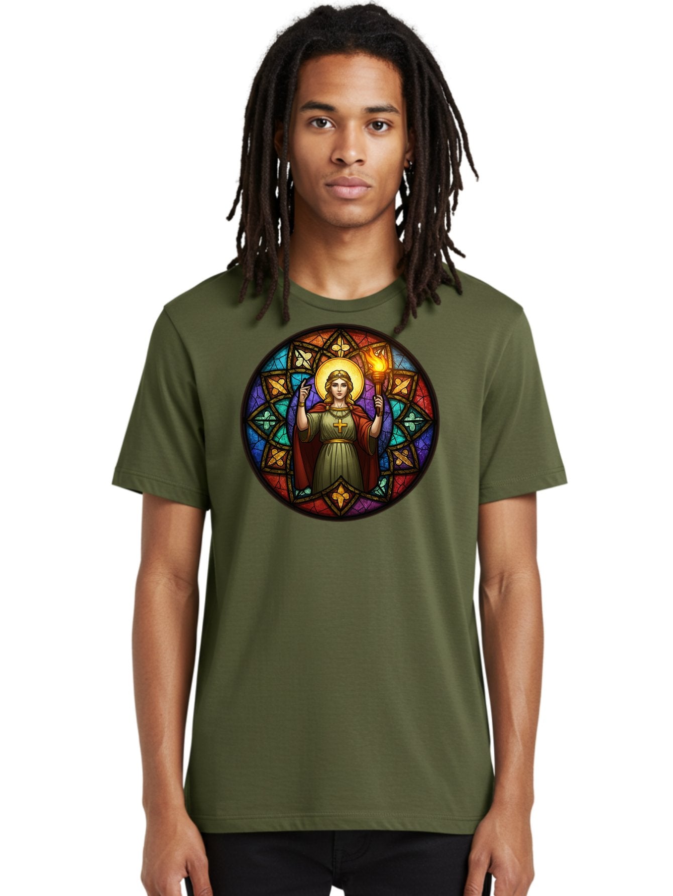Saint-With-Torch-Stained-Glass Men'S Graphic Tee, 100% Cotton, Comfortable Casual Summer Wear, Machine Washable, Stained Glass Window, Saint With Torch, Cross Pendant, Floral Patterns, Vibrant Colors, Religious Art, Sacred Imagery, Bad505 24